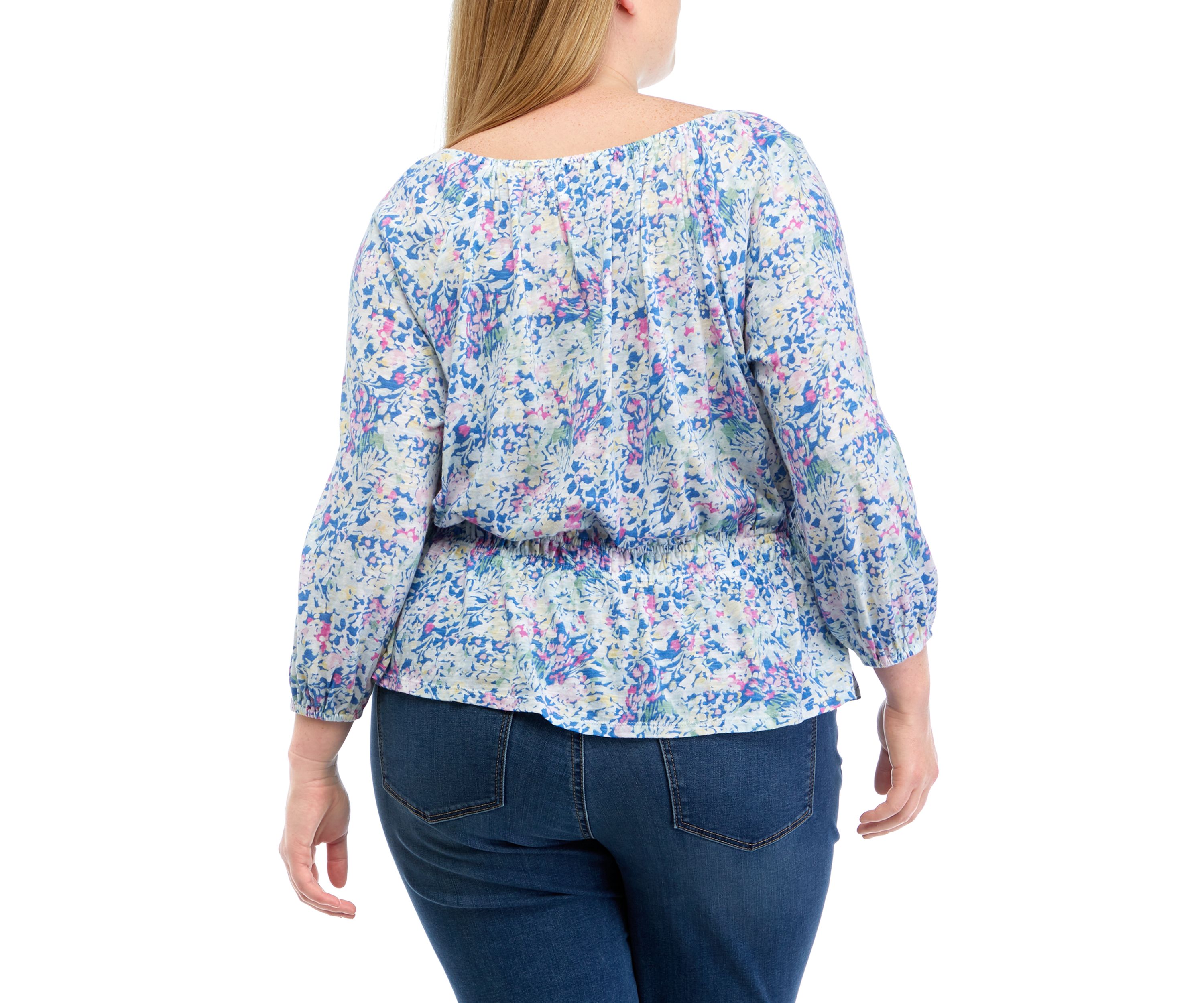 Plus Size 3/4 Sleeve Smocked Peasant Printed Top