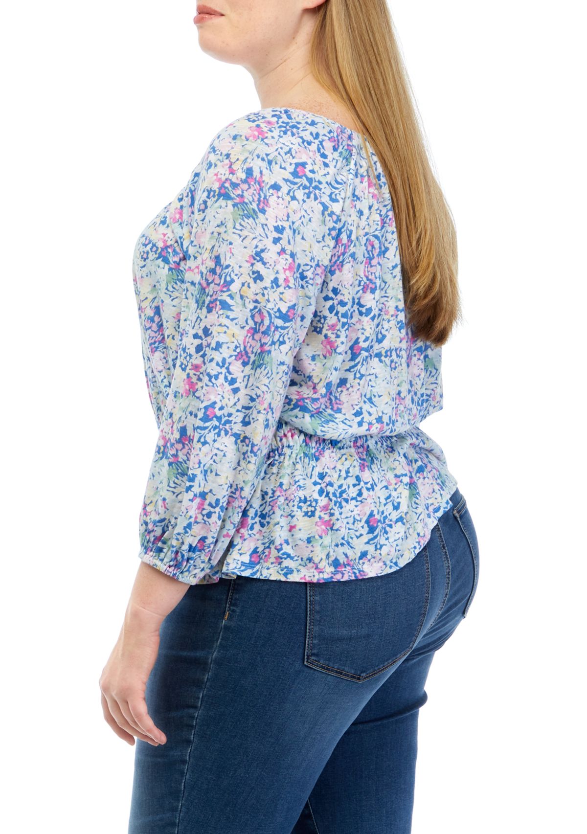 Plus Size 3/4 Sleeve Smocked Peasant Printed Top