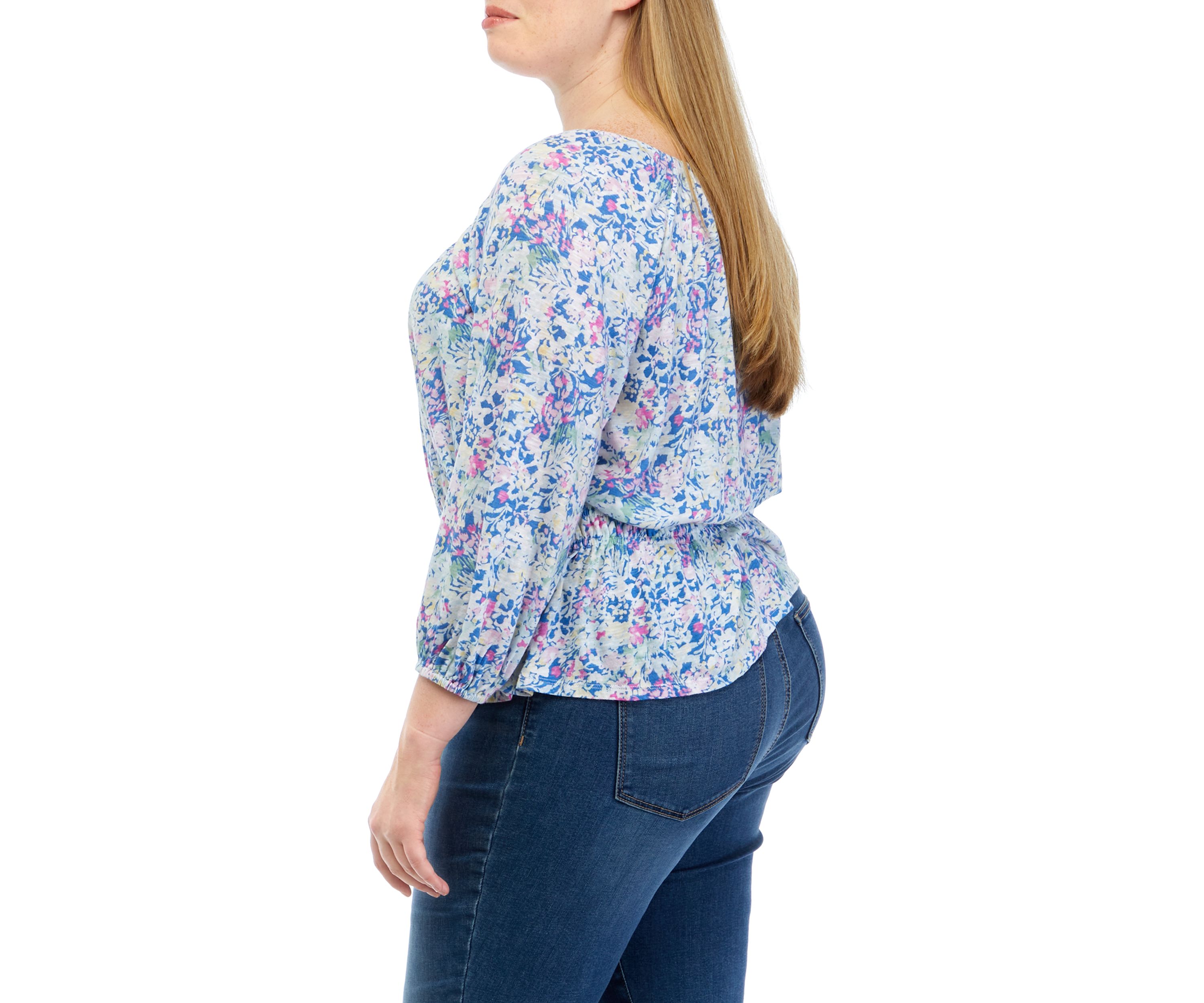 Plus Size 3/4 Sleeve Smocked Peasant Printed Top