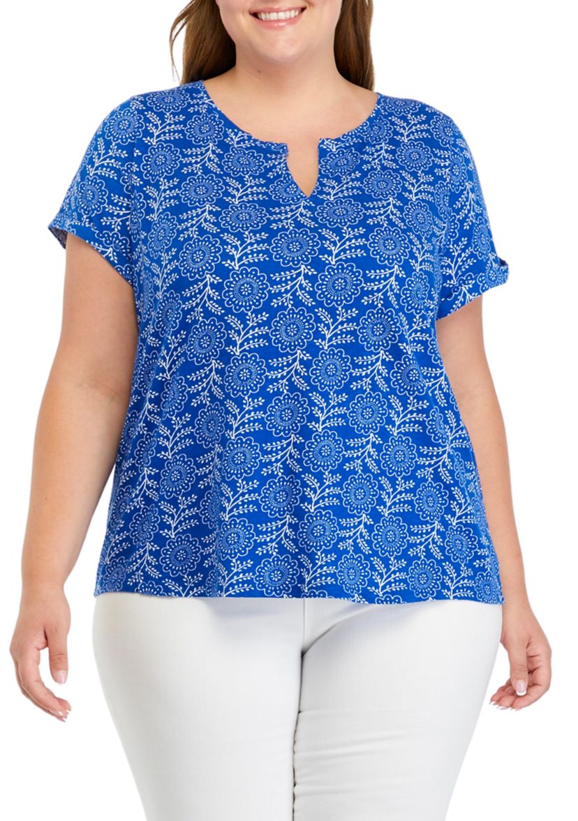 Plus Size Printed Split Neck T-Shirt