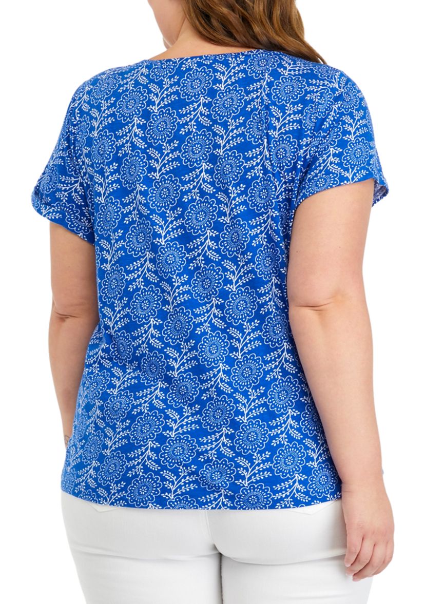 Plus Size Printed Split Neck T-Shirt