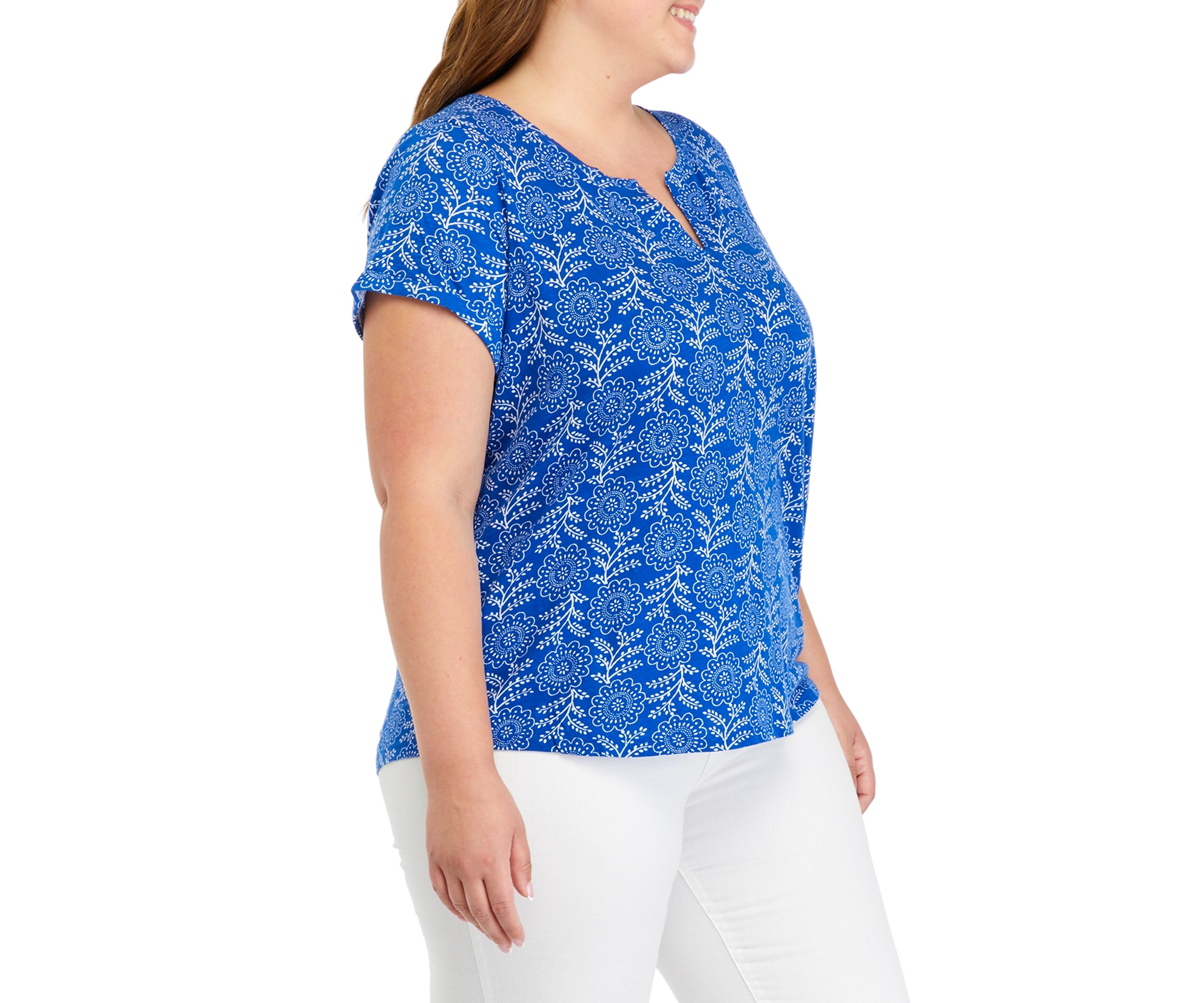 Plus Size Printed Split Neck T-Shirt