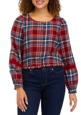 TRUE CRAFT Women's Long Sleeve Cropped Peasant Top, Red, X-Large