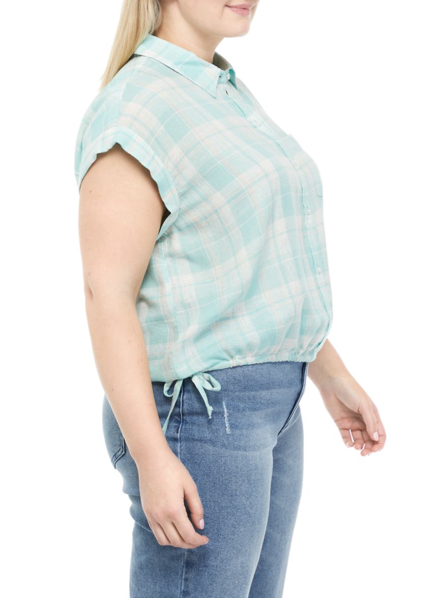 Plus Size Short Sleeve Side Tie Camp Shirt
