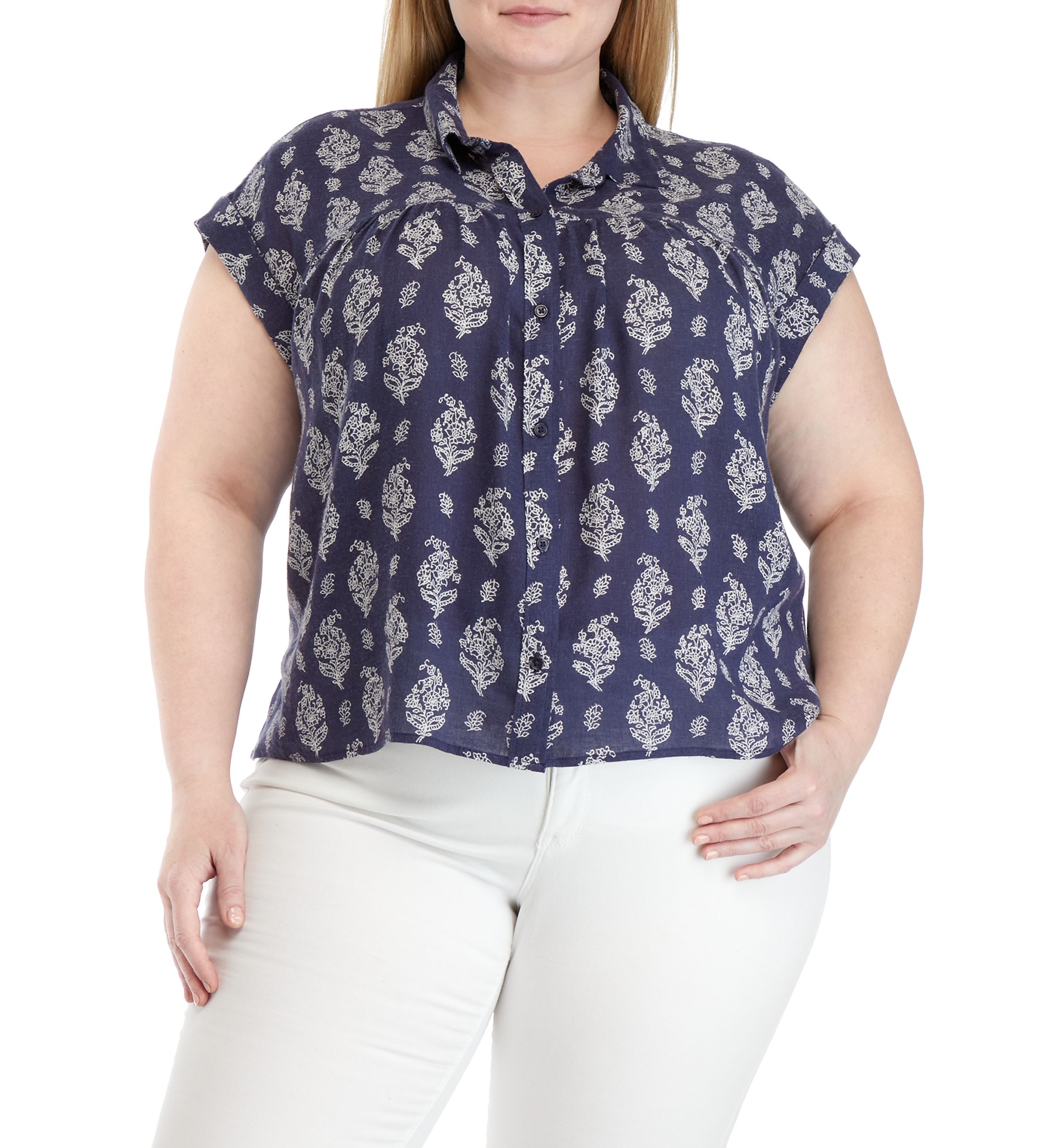 Plus Size Short Sleeve Shirred Yoke Shirt