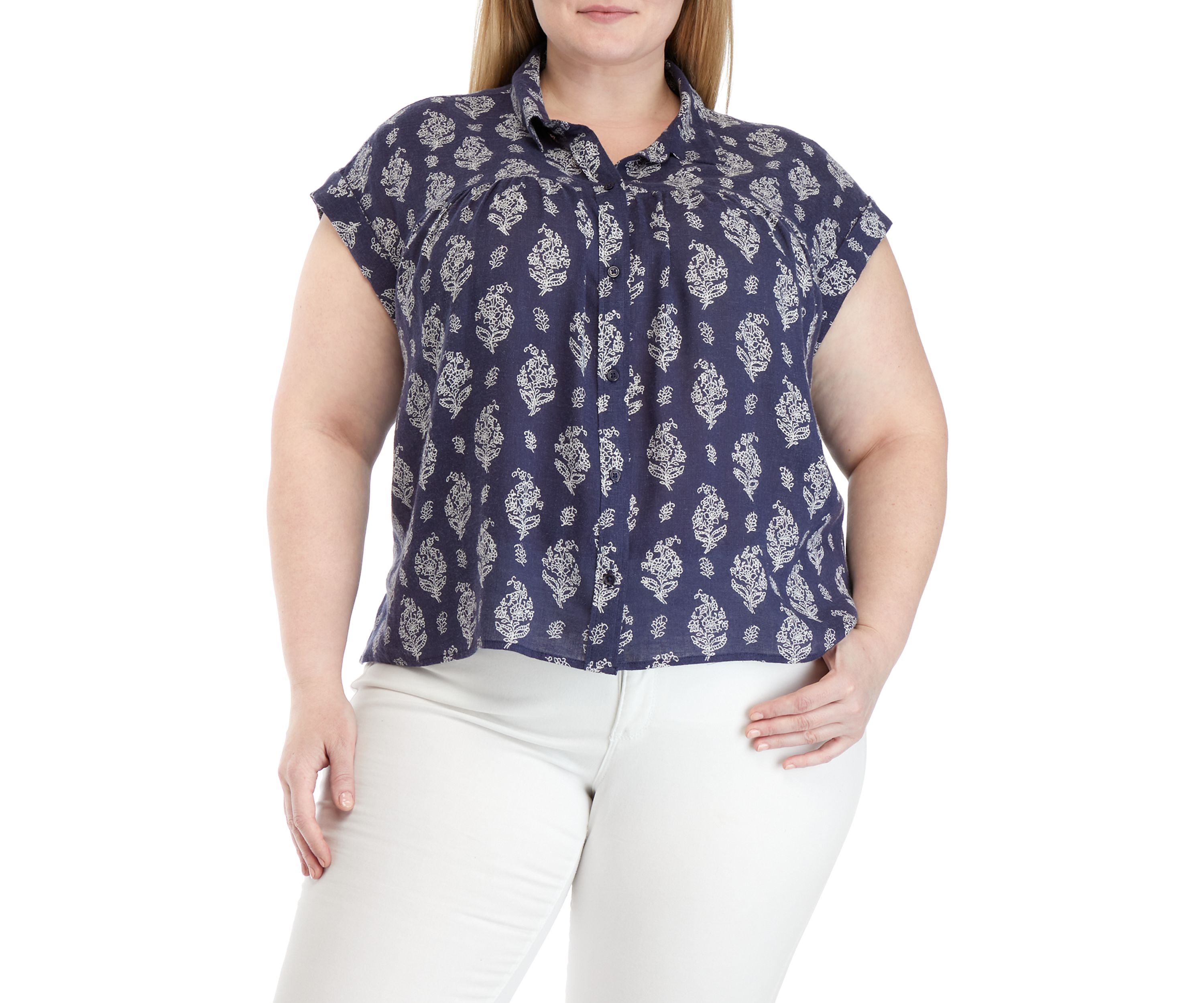 Plus Size Short Sleeve Shirred Yoke Shirt