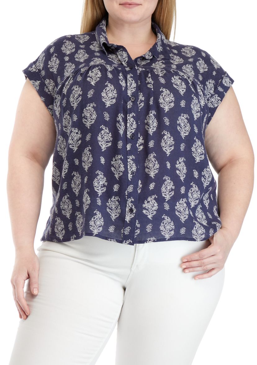 Plus Size Short Sleeve Shirred Yoke Shirt