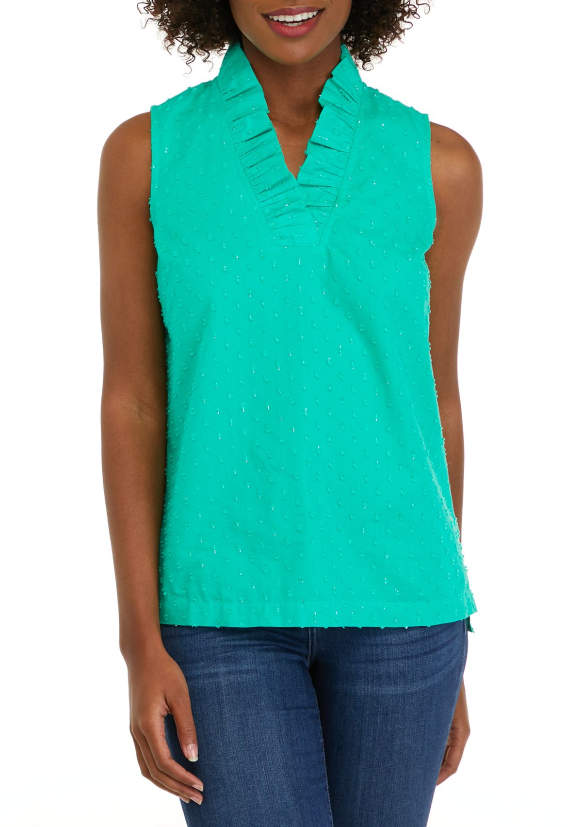 Womens Sleeveless Ruffled V-Neck Top