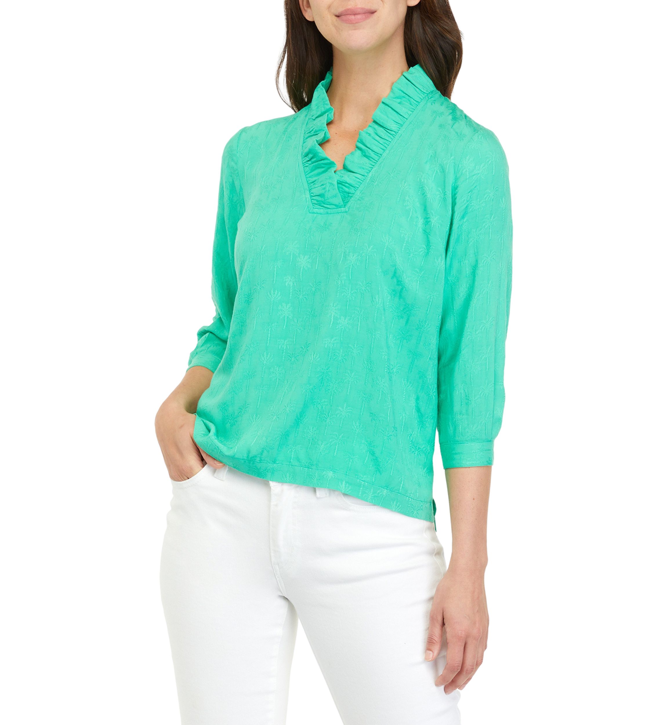 Womens 3/4 Sleeve Ruffle V-Neck Top 