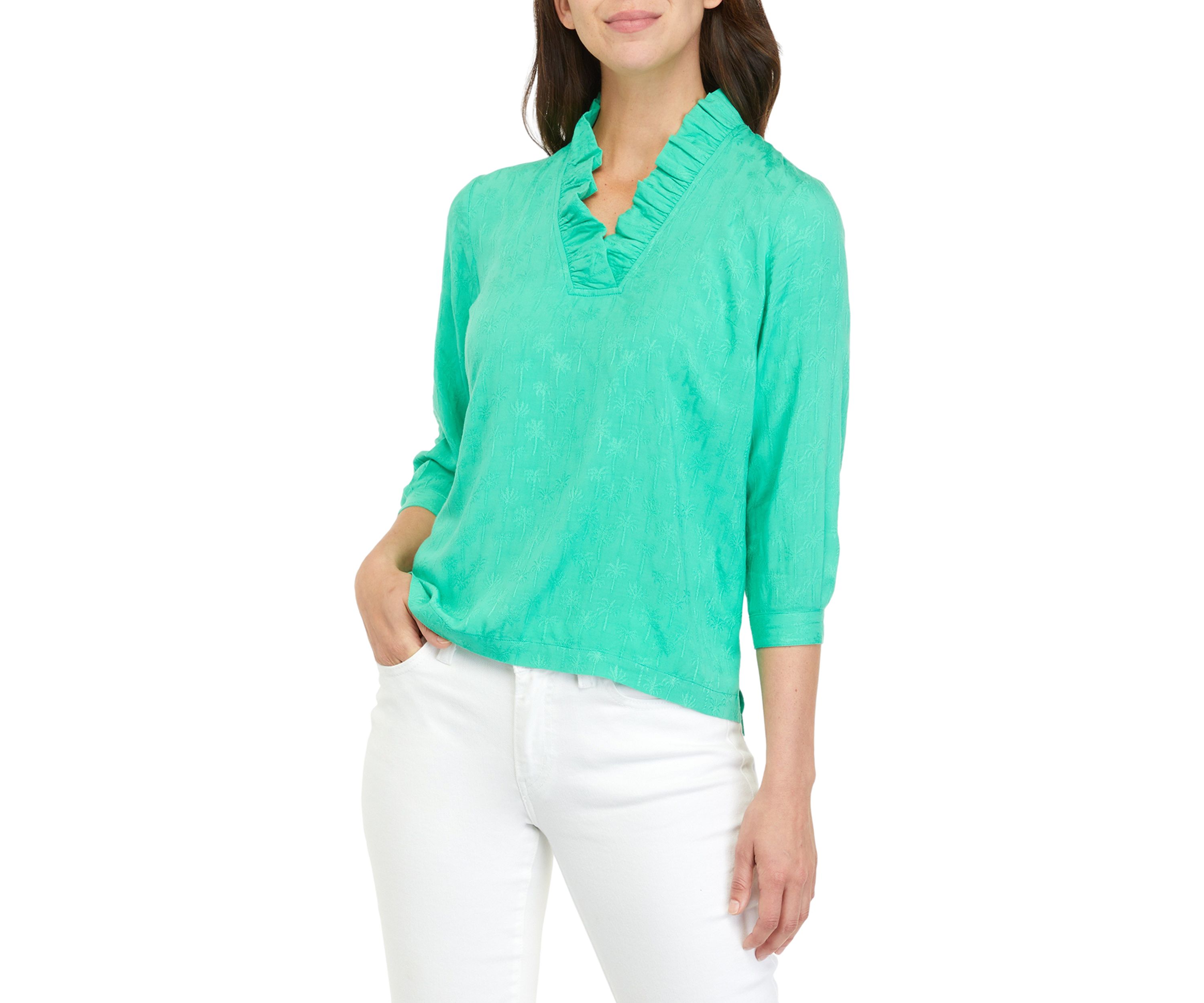 Womens 3/4 Sleeve Ruffle V-Neck Top 