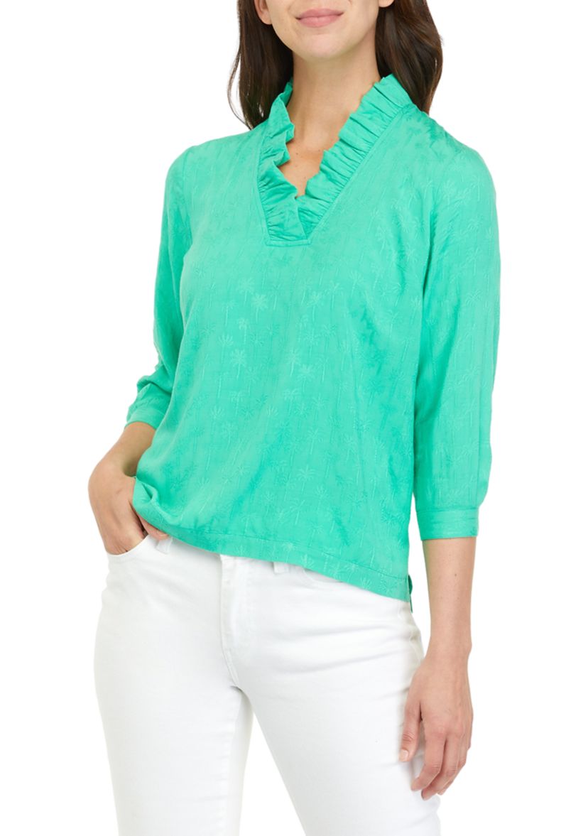 Womens 3/4 Sleeve Ruffle V-Neck Top 