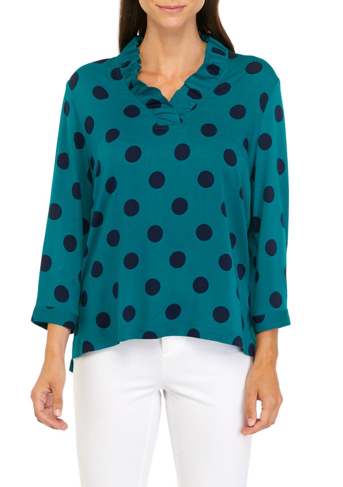 Womens 3/4 Sleeve Ruffle Neck Printed Top