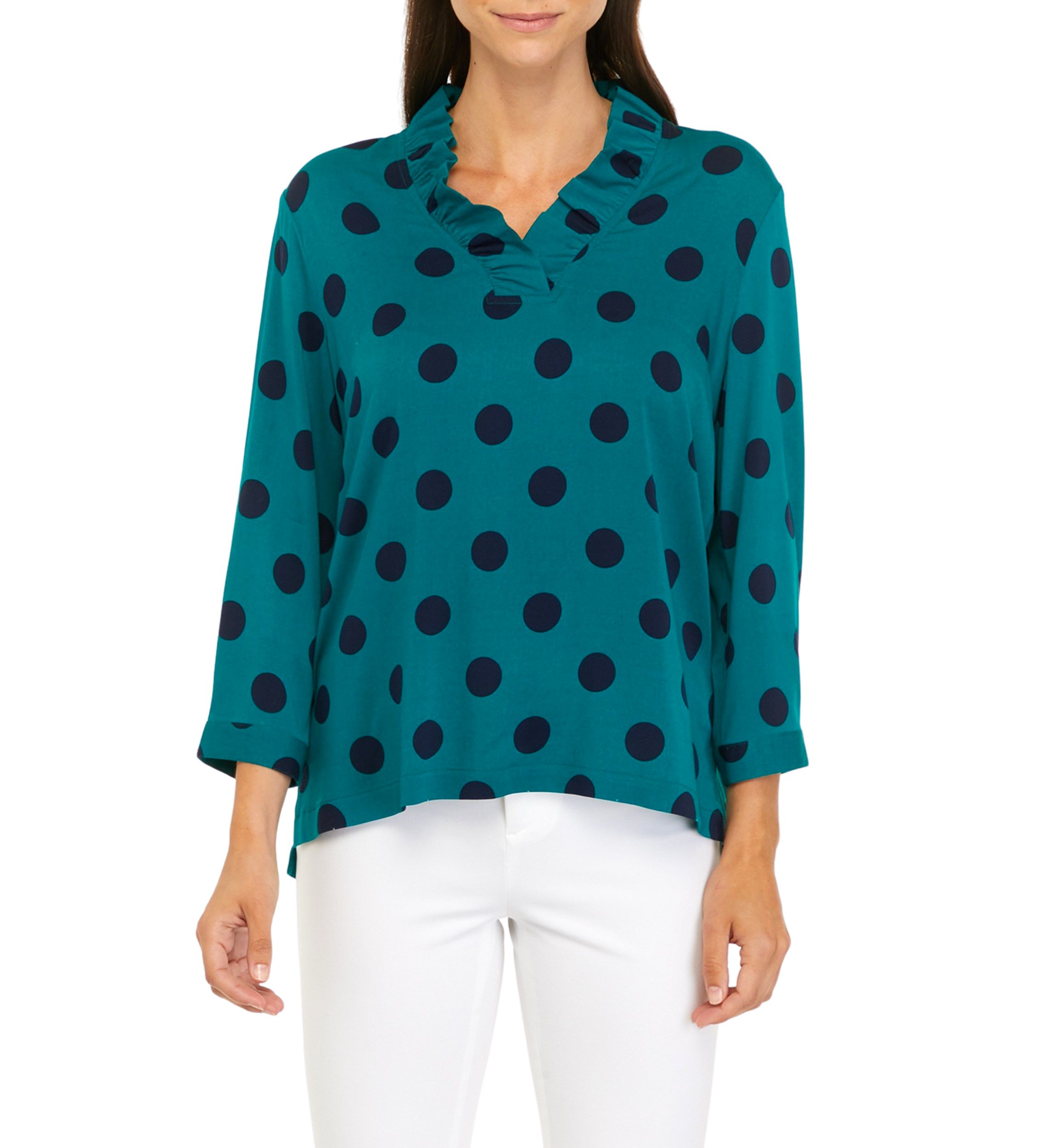 Womens 3/4 Sleeve Ruffle Neck Printed Top