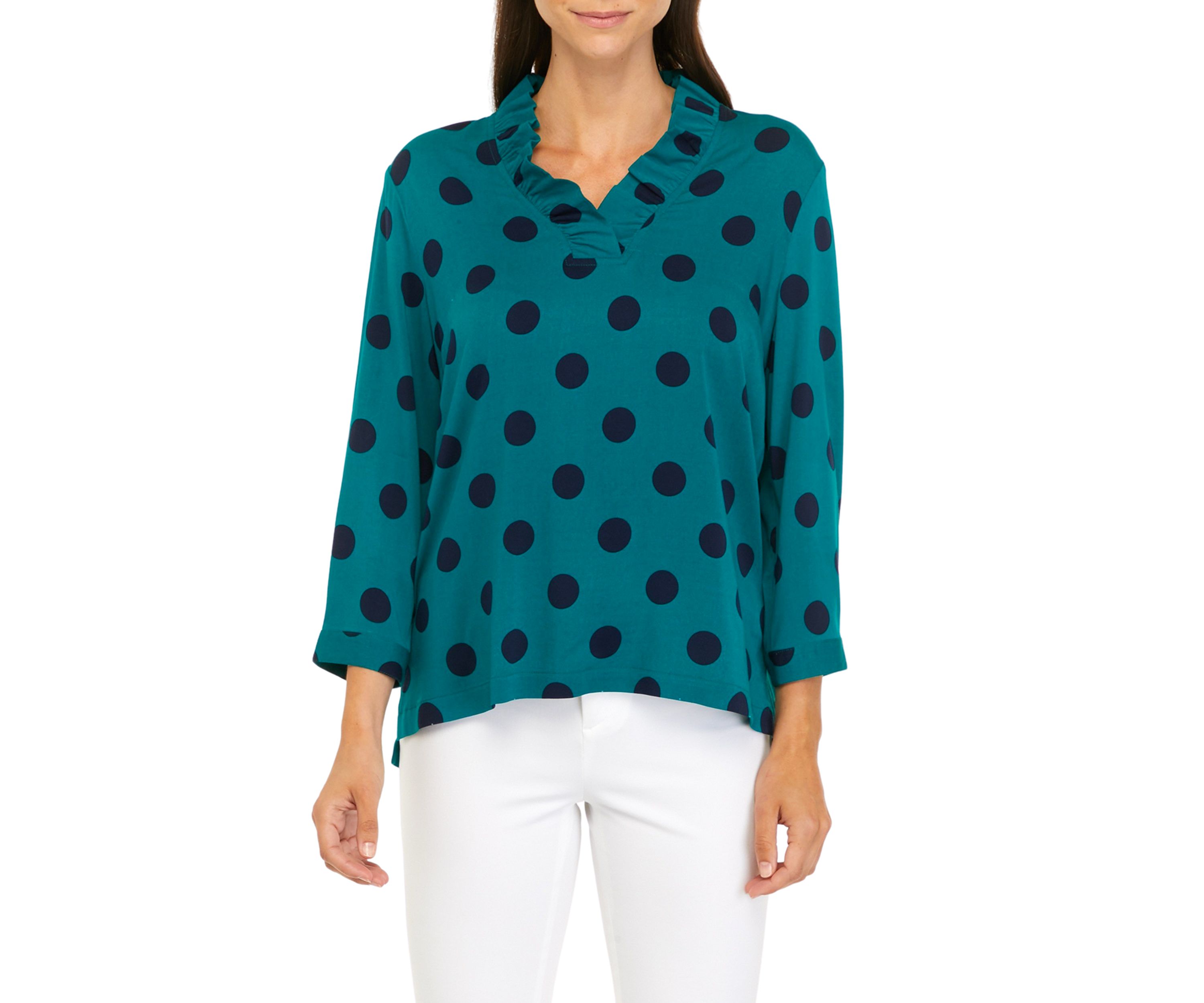 Womens 3/4 Sleeve Ruffle Neck Printed Top