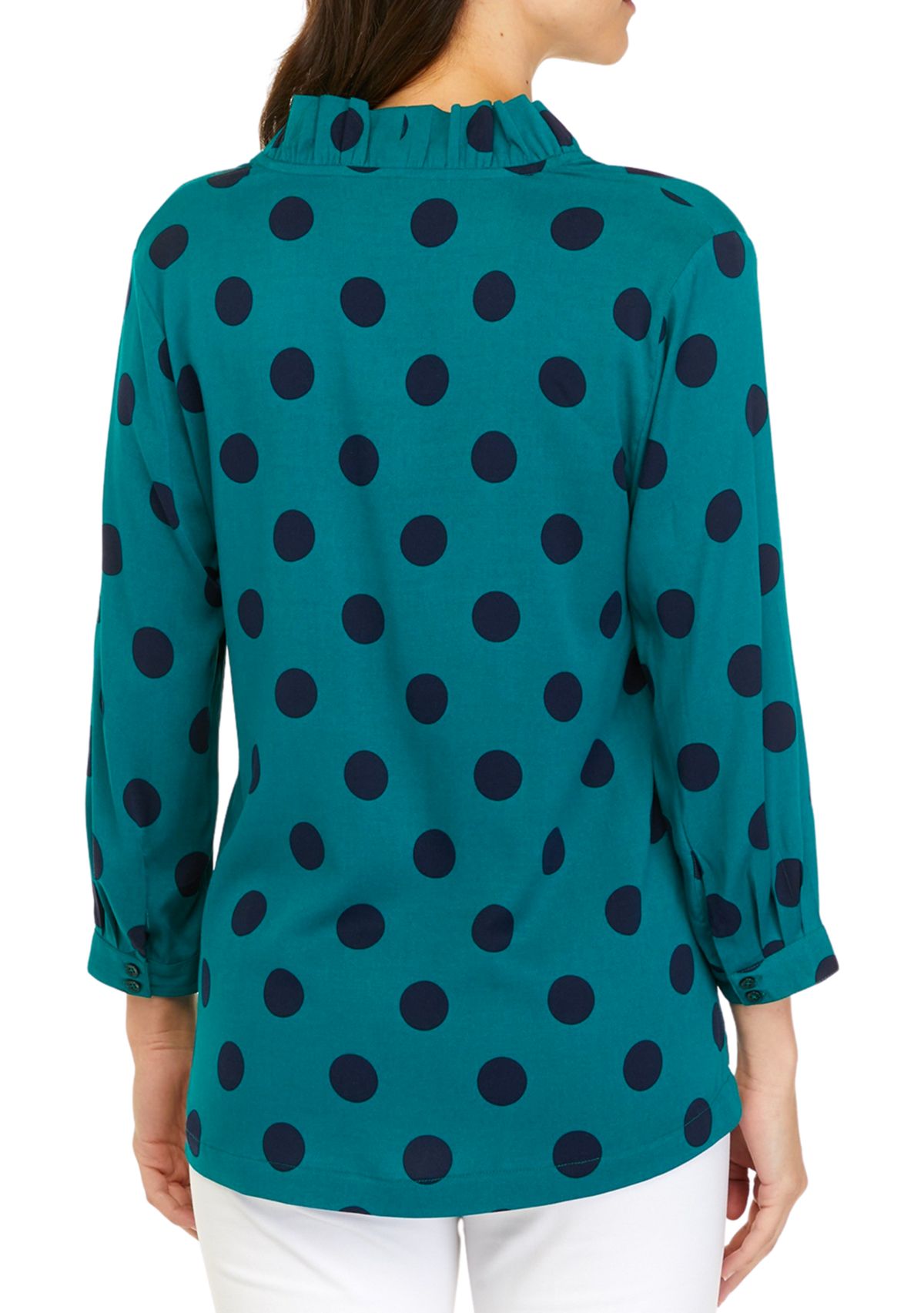 Womens 3/4 Sleeve Ruffle Neck Printed Top