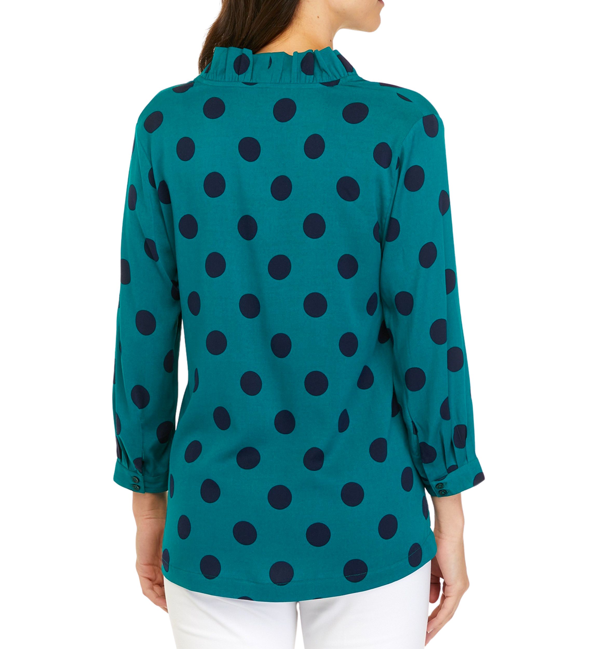 Womens 3/4 Sleeve Ruffle Neck Printed Top