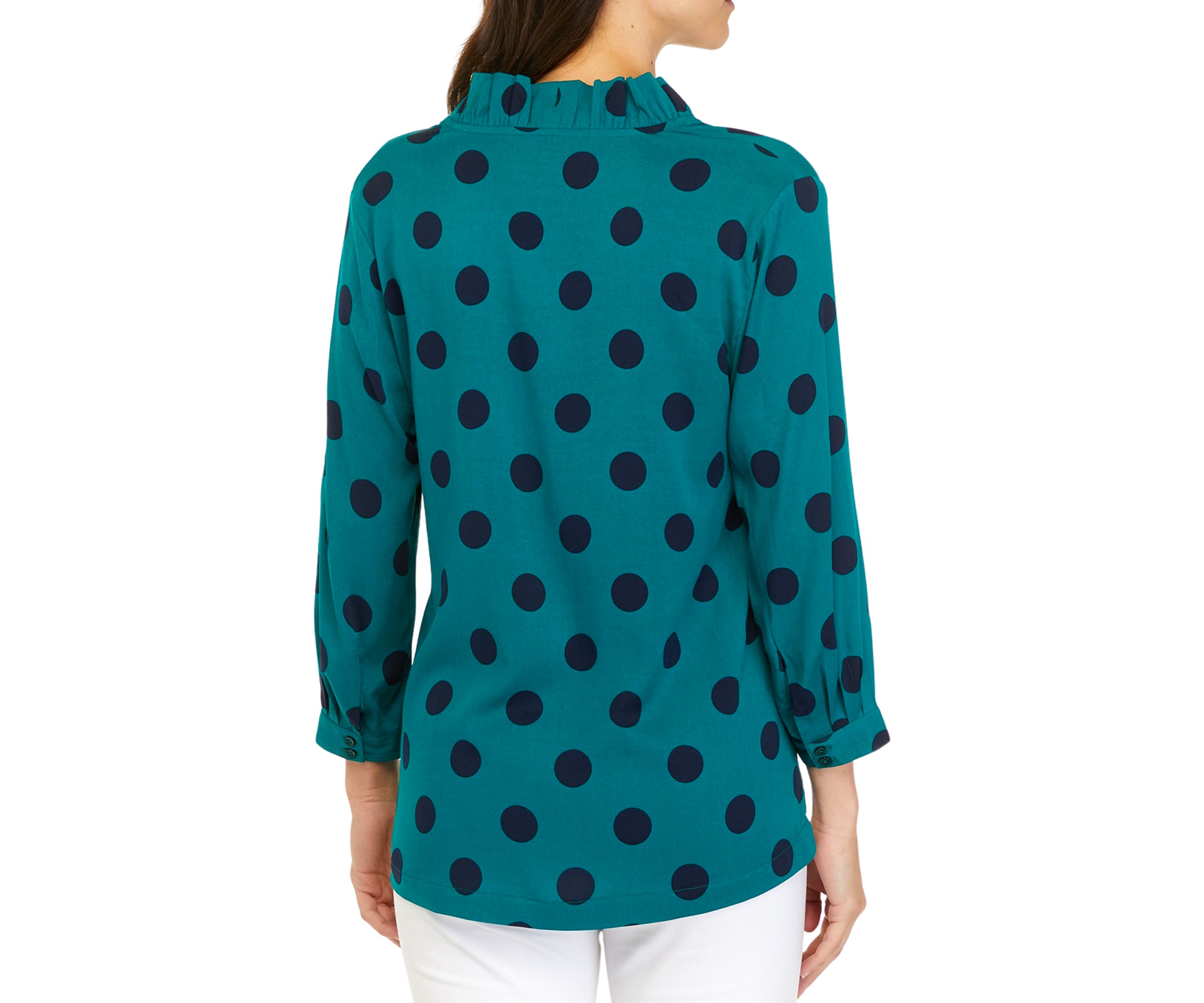 Womens 3/4 Sleeve Ruffle Neck Printed Top