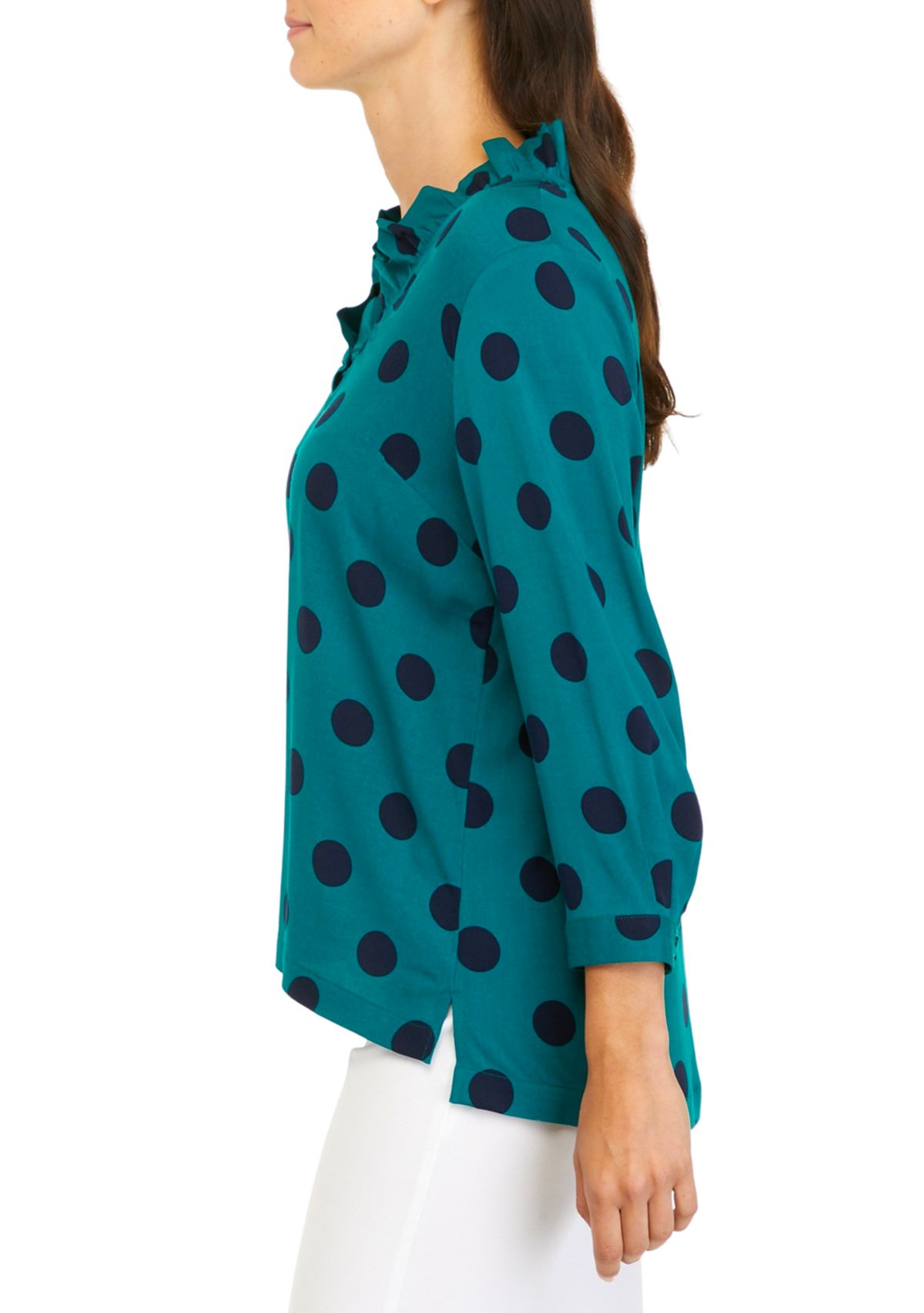 Womens 3/4 Sleeve Ruffle Neck Printed Top