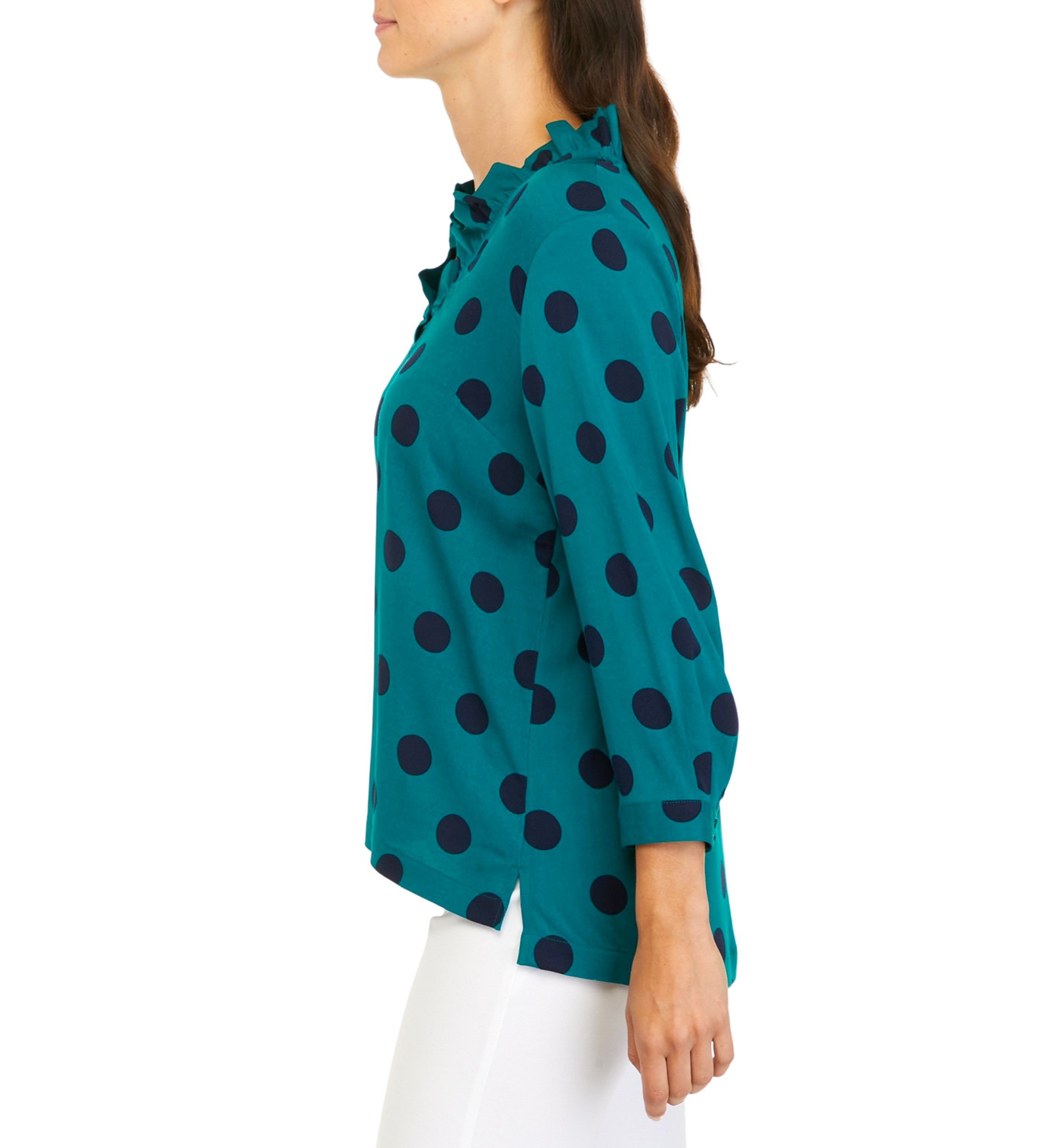 Womens 3/4 Sleeve Ruffle Neck Printed Top
