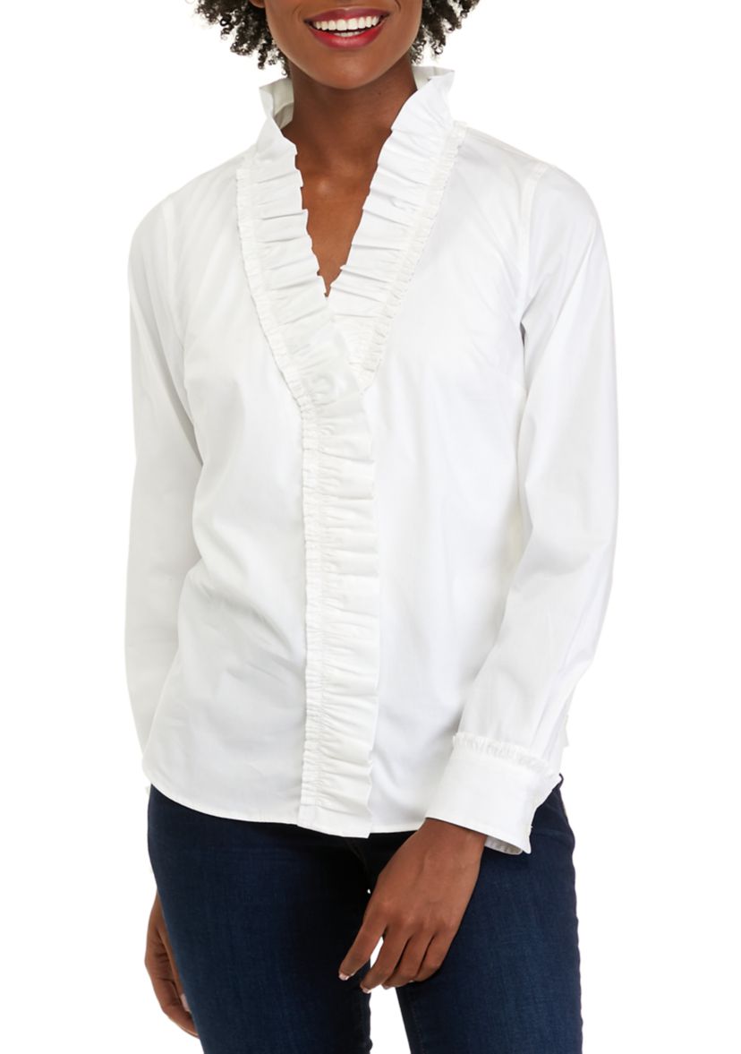 Womens Long Sleeve Ruffle Button Up Shirt
