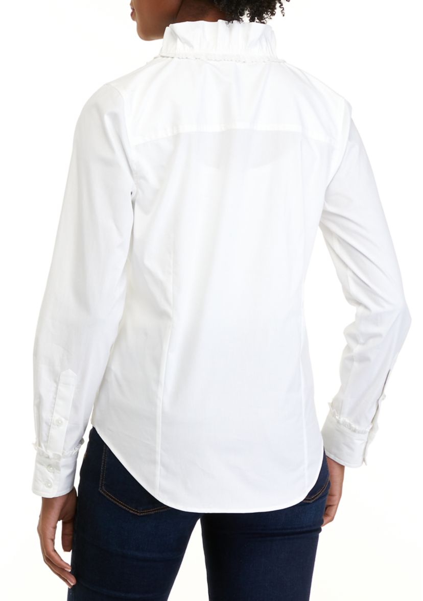 Womens Long Sleeve Ruffle Button Up Shirt