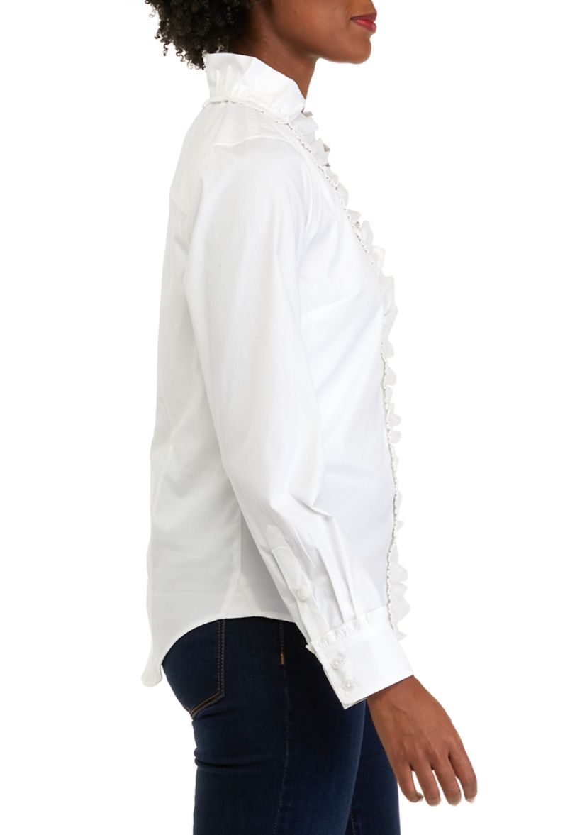 Womens Long Sleeve Ruffle Button Up Shirt