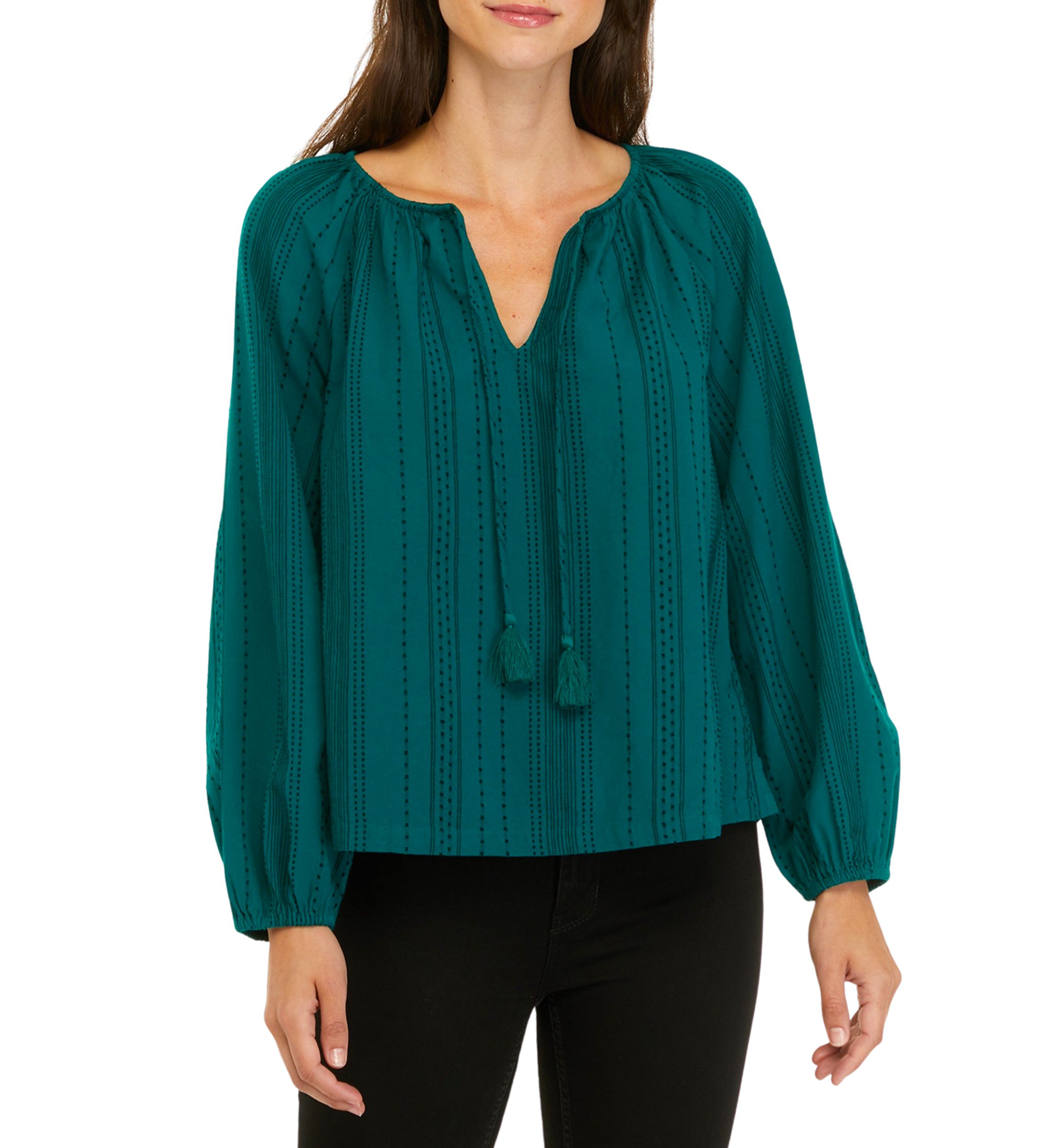 Womens Blouson Sleeve Tie Neck Embroidered Top