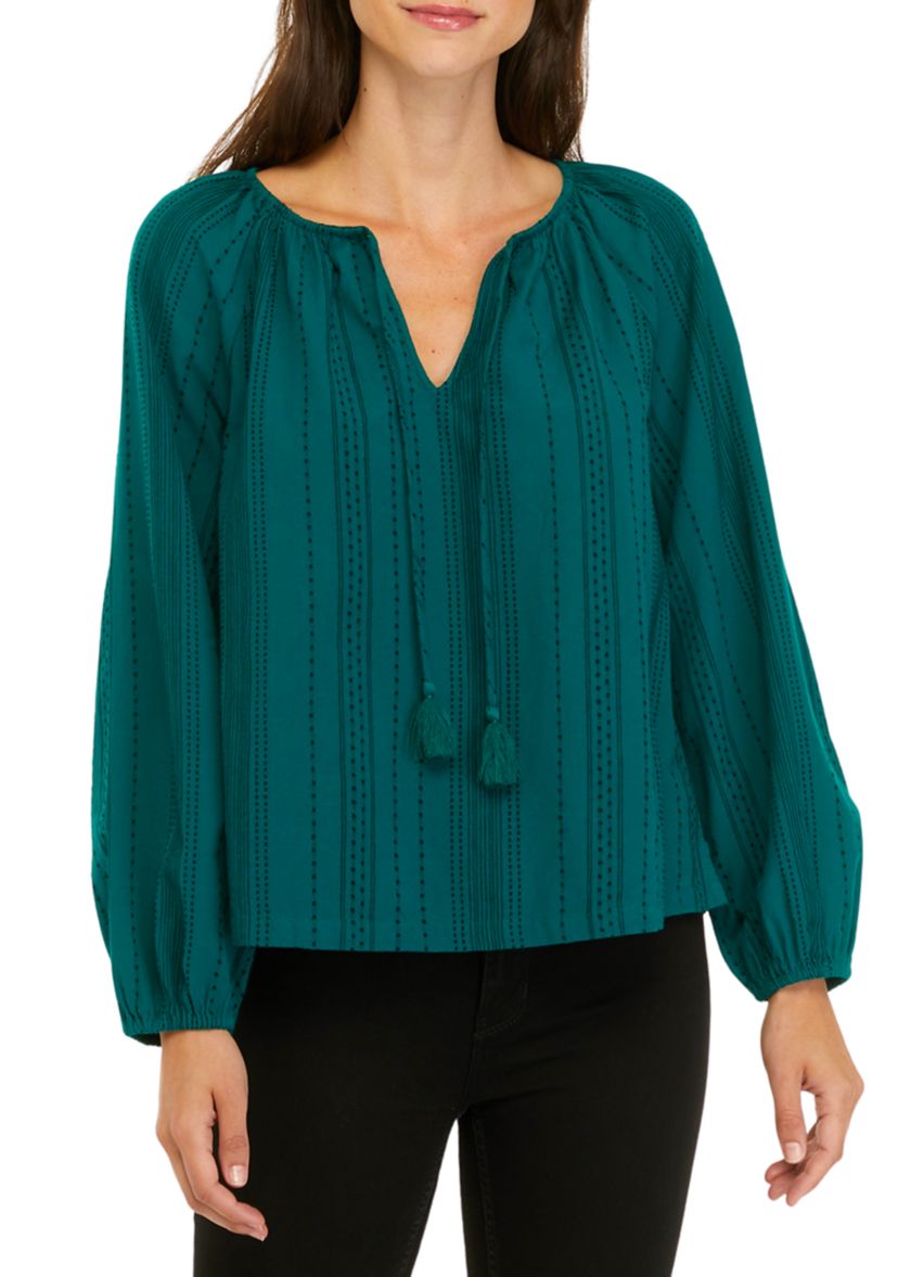 Womens Blouson Sleeve Tie Neck Embroidered Top