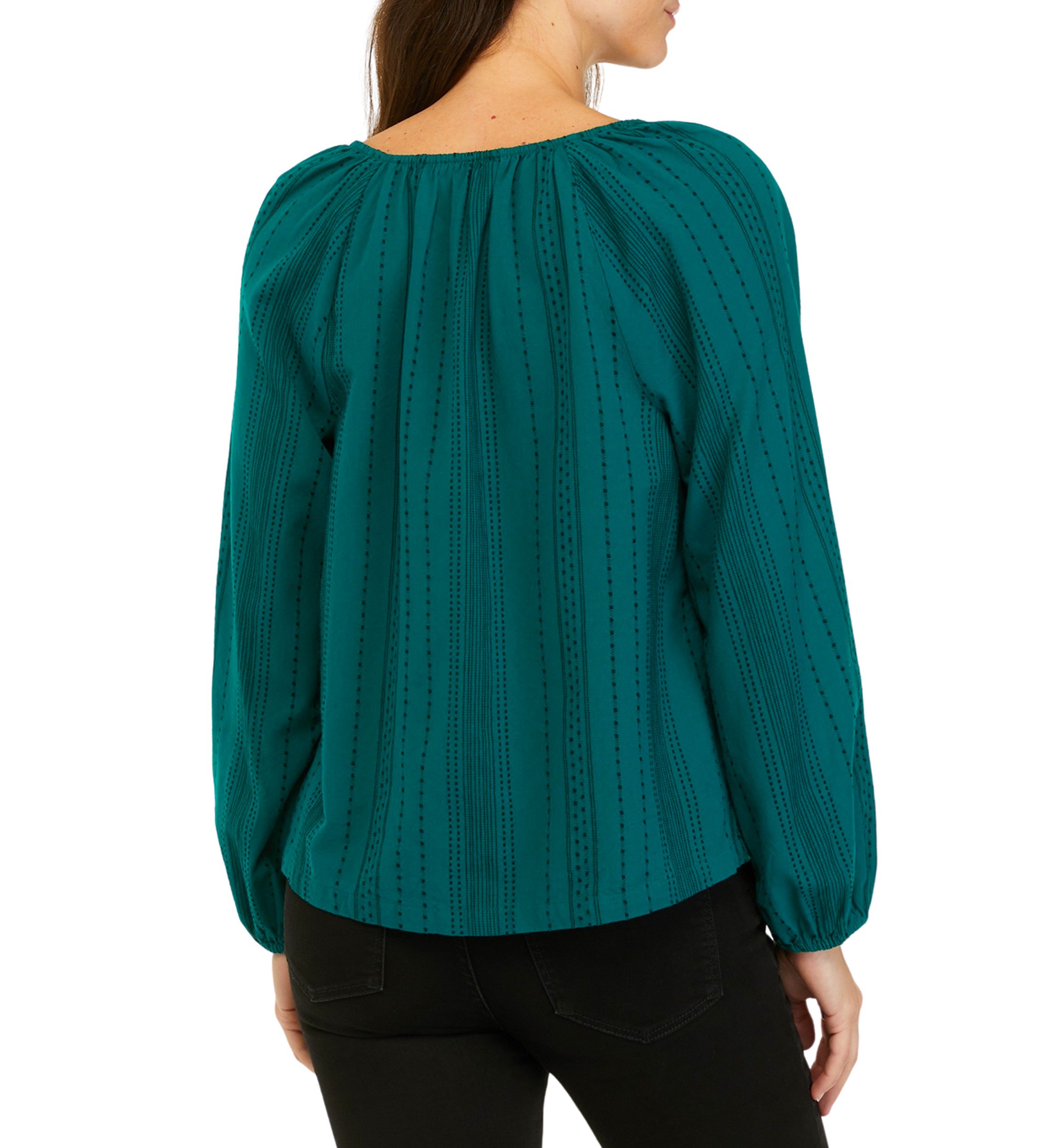 Womens Blouson Sleeve Tie Neck Embroidered Top