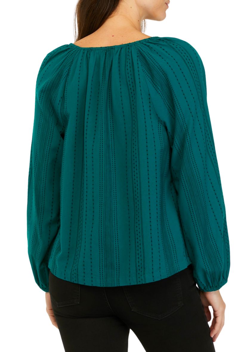 Womens Blouson Sleeve Tie Neck Embroidered Top