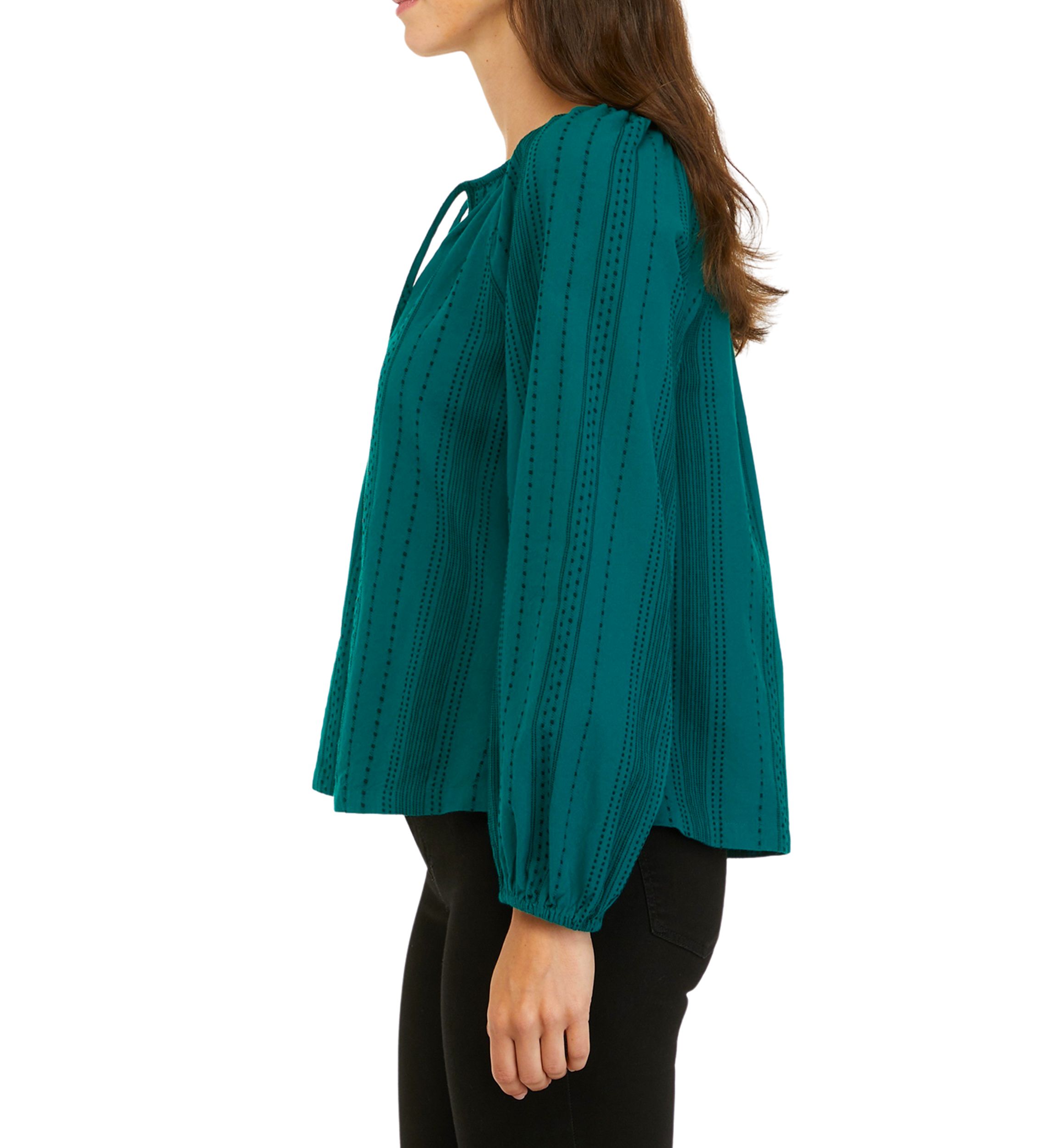 Womens Blouson Sleeve Tie Neck Embroidered Top