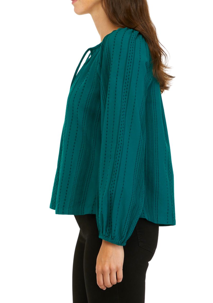Womens Blouson Sleeve Tie Neck Embroidered Top