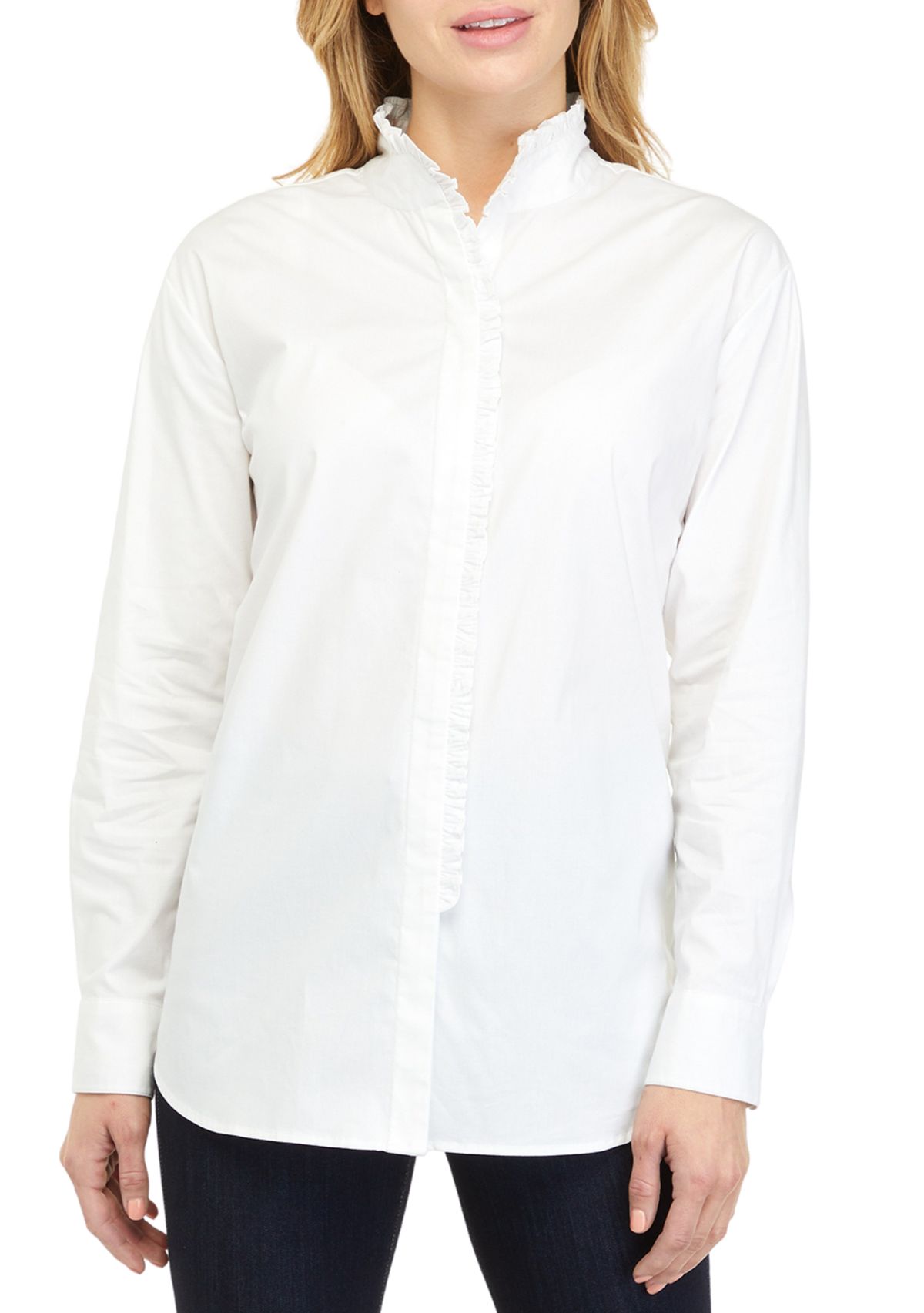Womens Long Sleeve Poplin Ruffle Top 