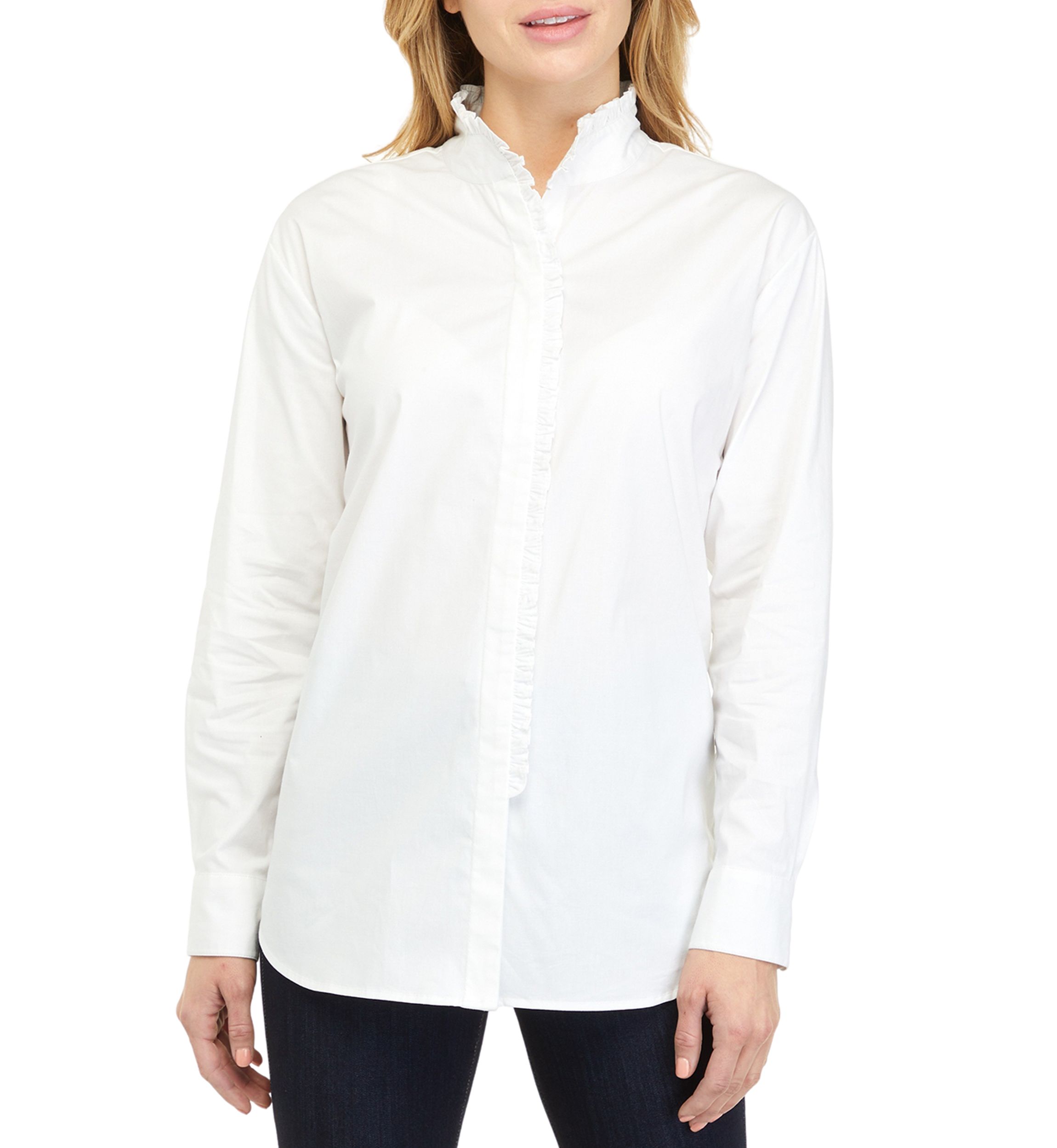 Womens Long Sleeve Poplin Ruffle Top 