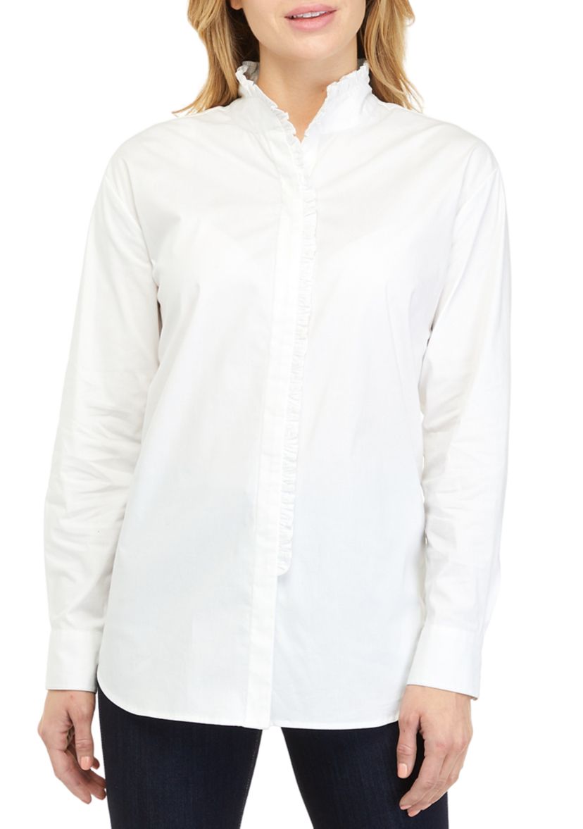 Womens Long Sleeve Poplin Ruffle Top 