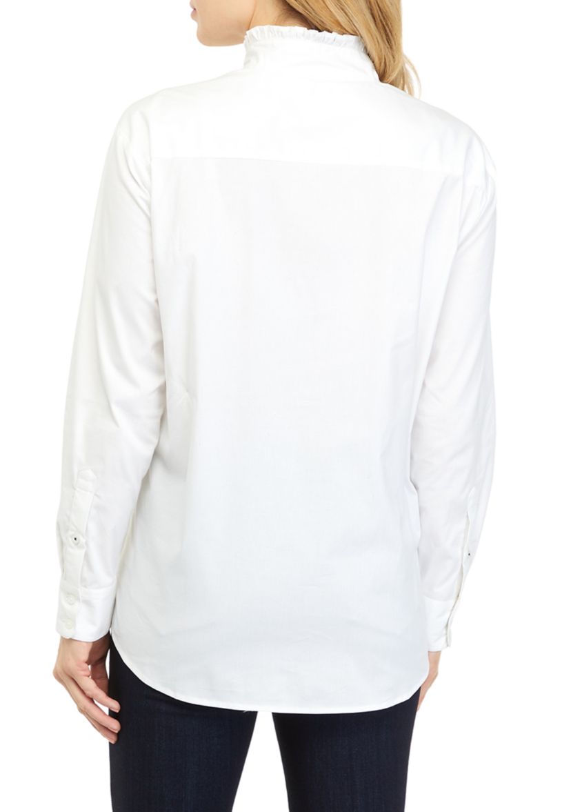 Womens Long Sleeve Poplin Ruffle Top 