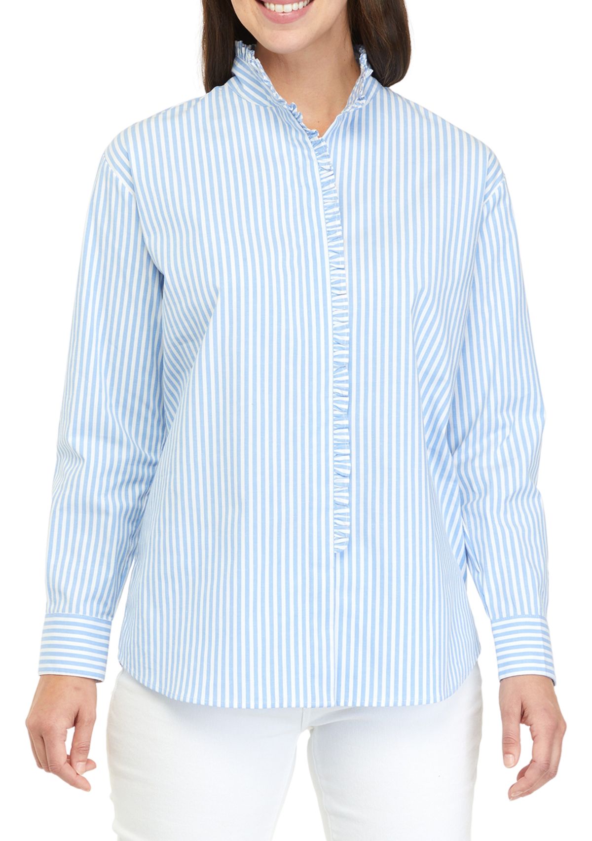 Womens Long Sleeve Poplin Ruffle Top 