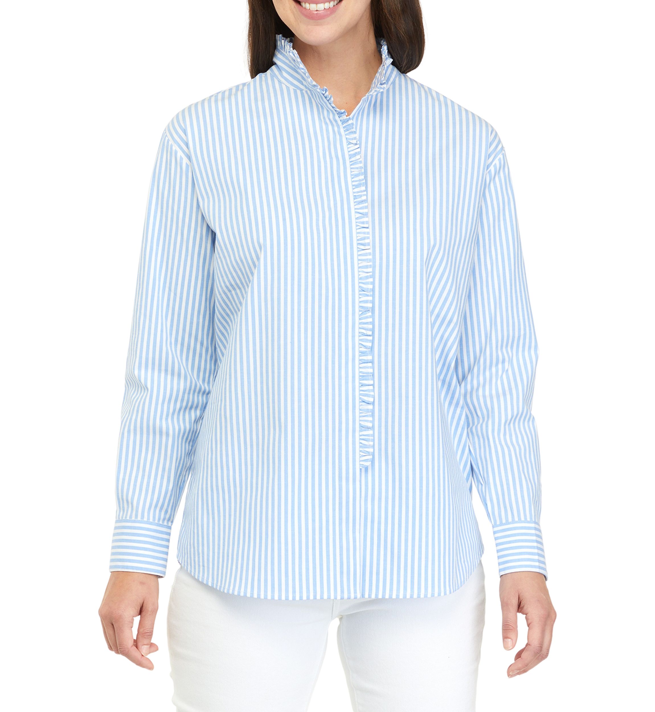 Womens Long Sleeve Poplin Ruffle Top 