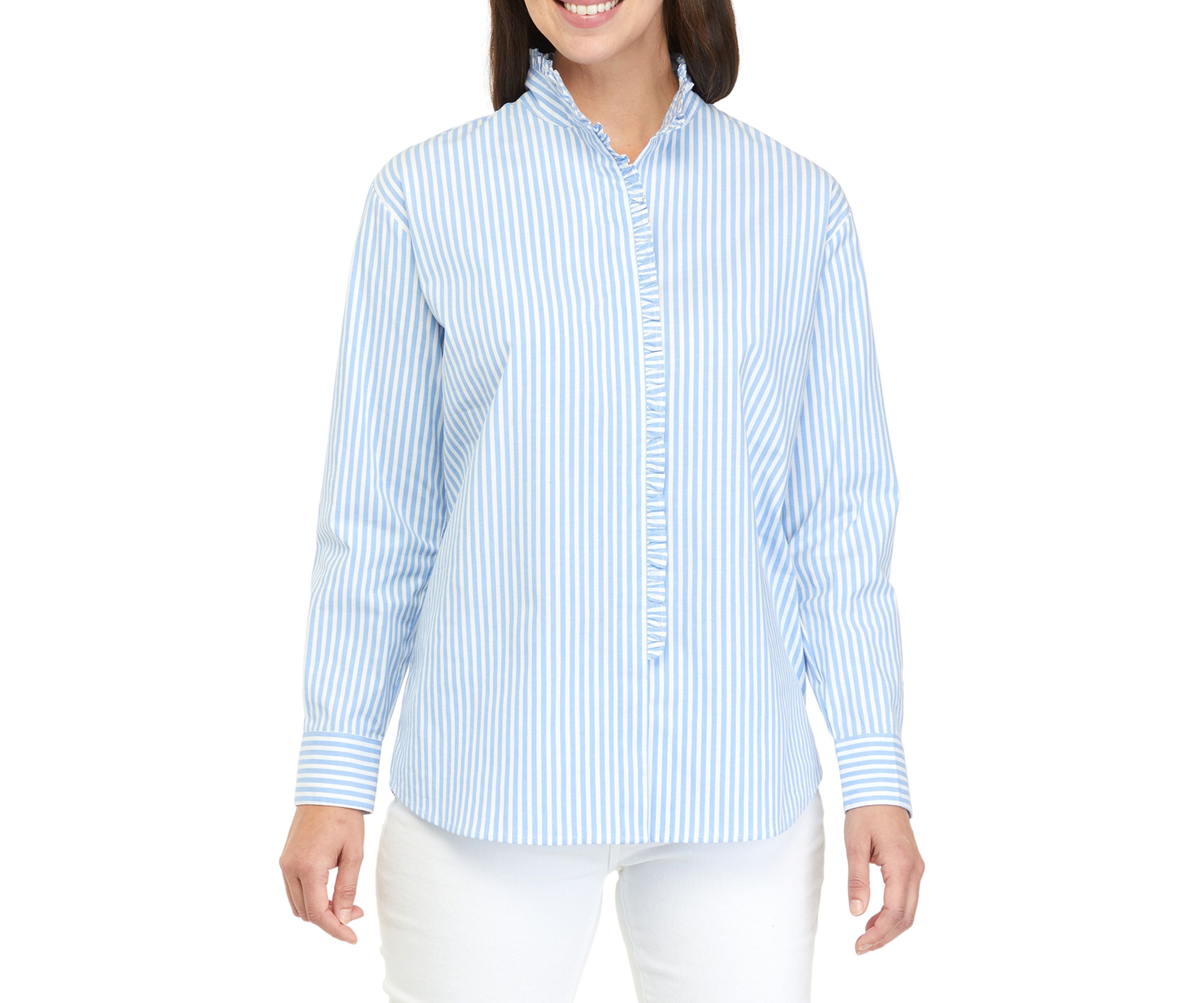 Womens Long Sleeve Poplin Ruffle Top 