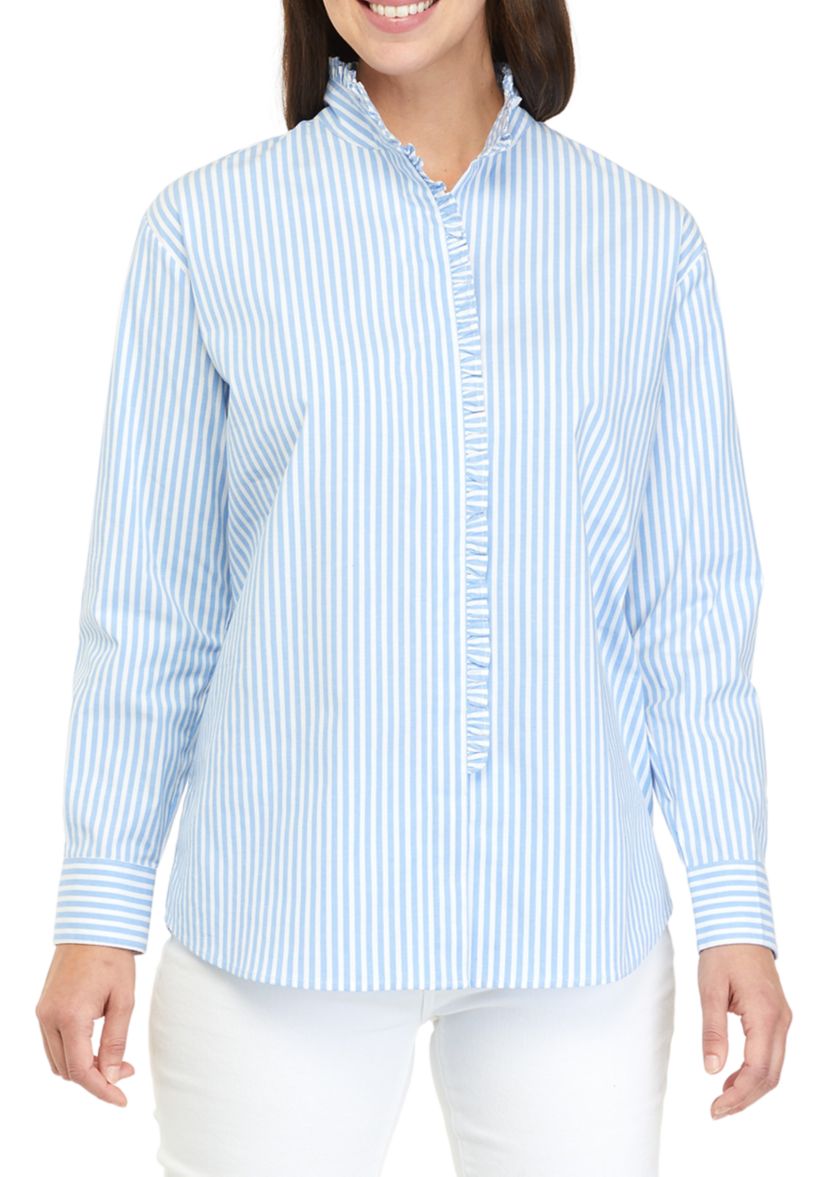 Womens Long Sleeve Poplin Ruffle Top 