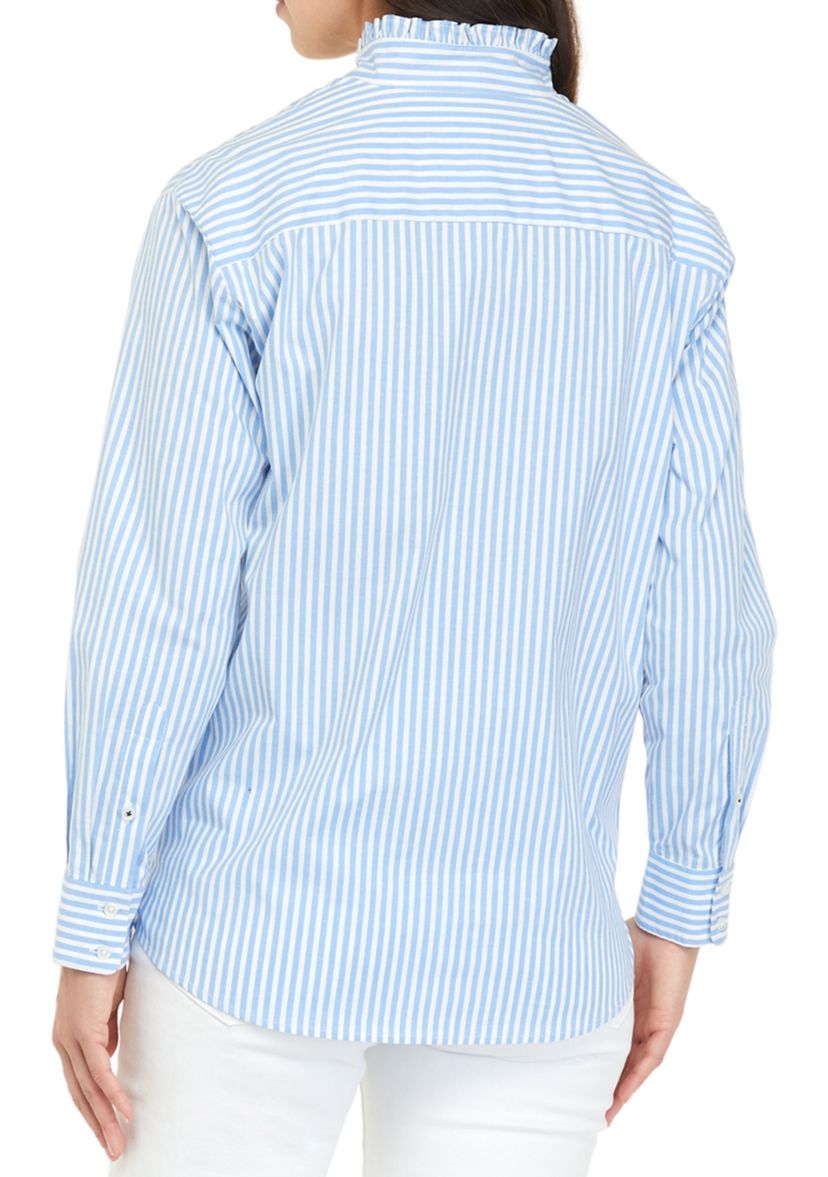 Womens Long Sleeve Poplin Ruffle Top 