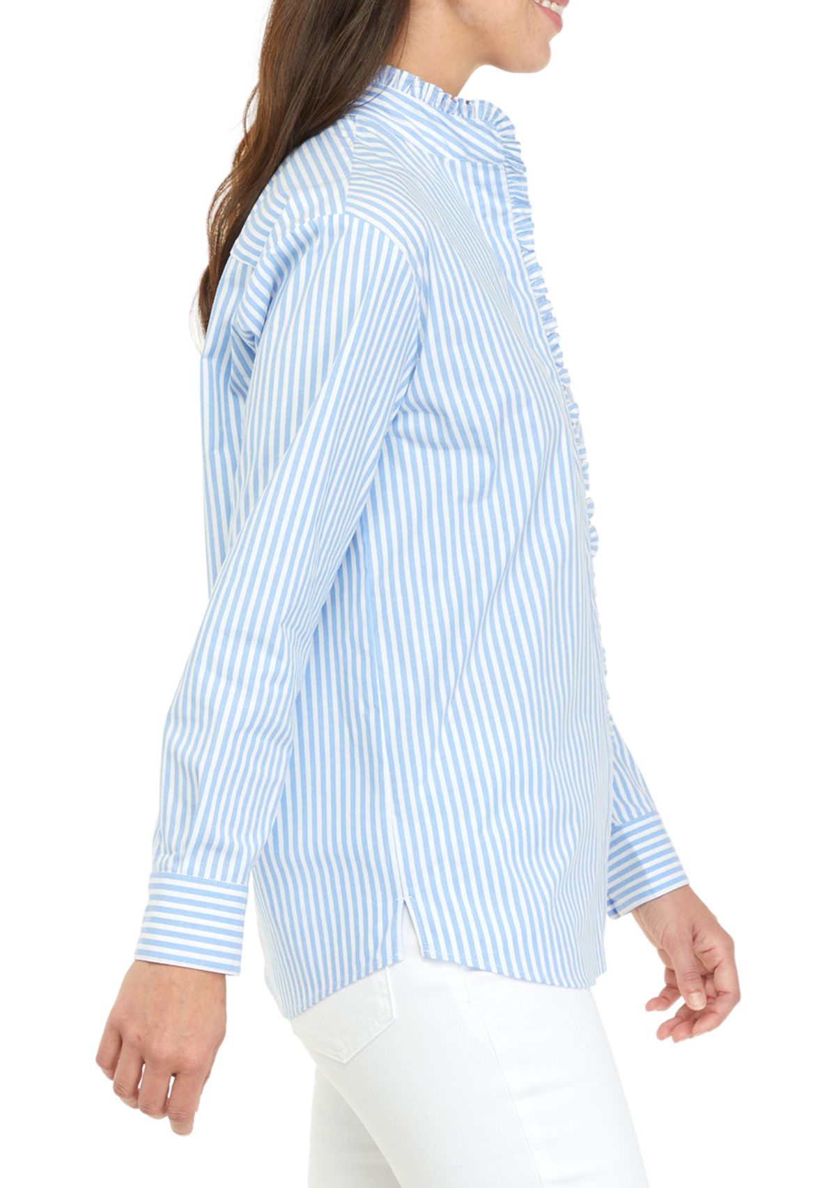 Womens Long Sleeve Poplin Ruffle Top 