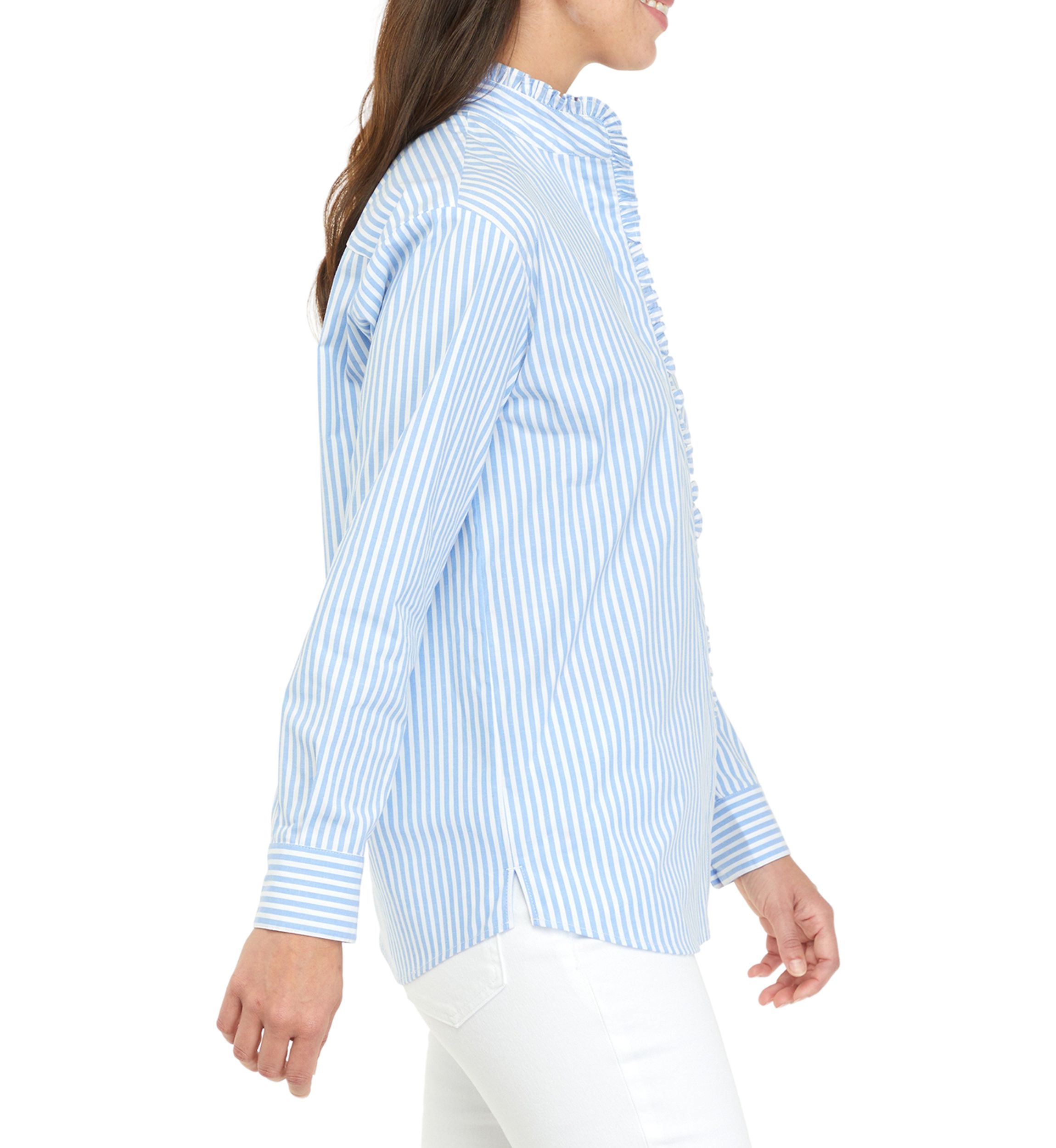 Womens Long Sleeve Poplin Ruffle Top 
