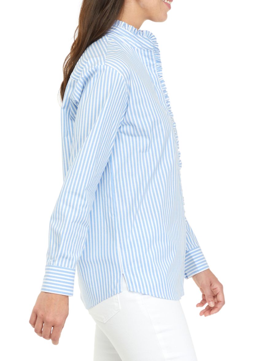 Womens Long Sleeve Poplin Ruffle Top 
