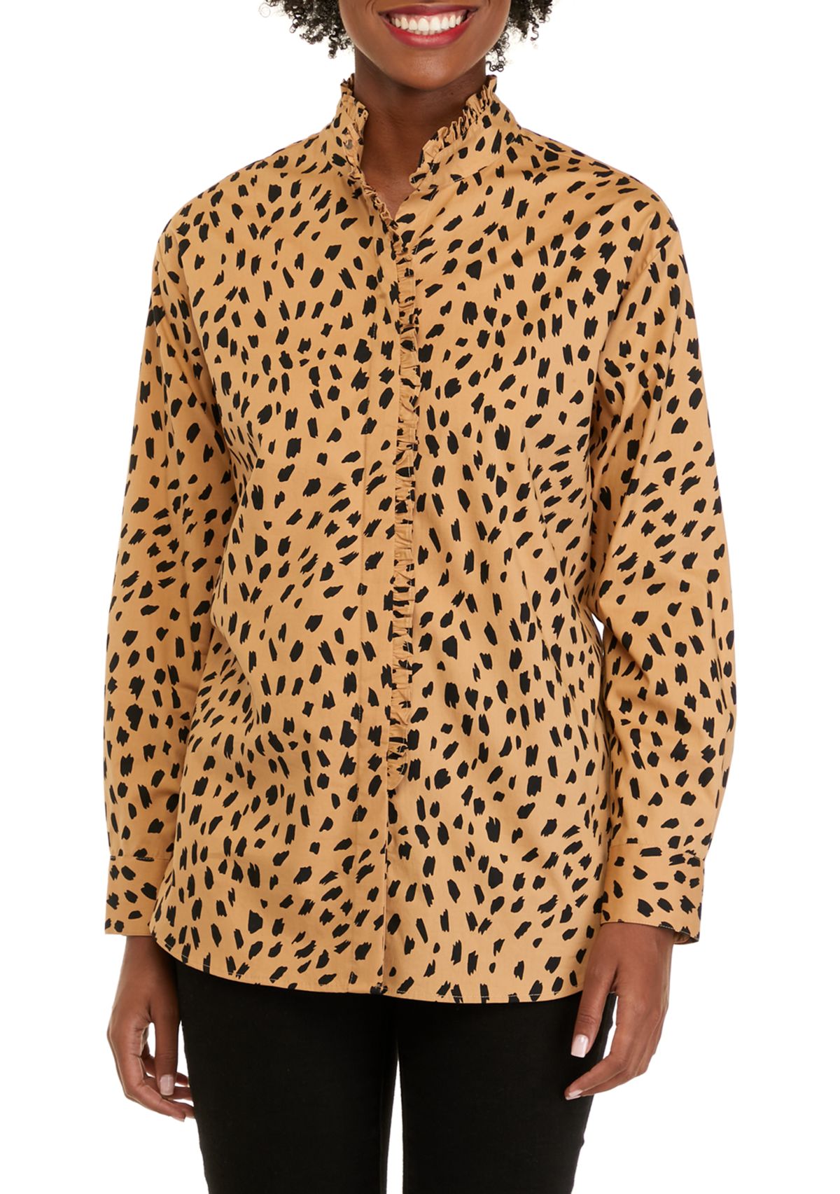 Womens Long Sleeve Poplin Ruffle Top