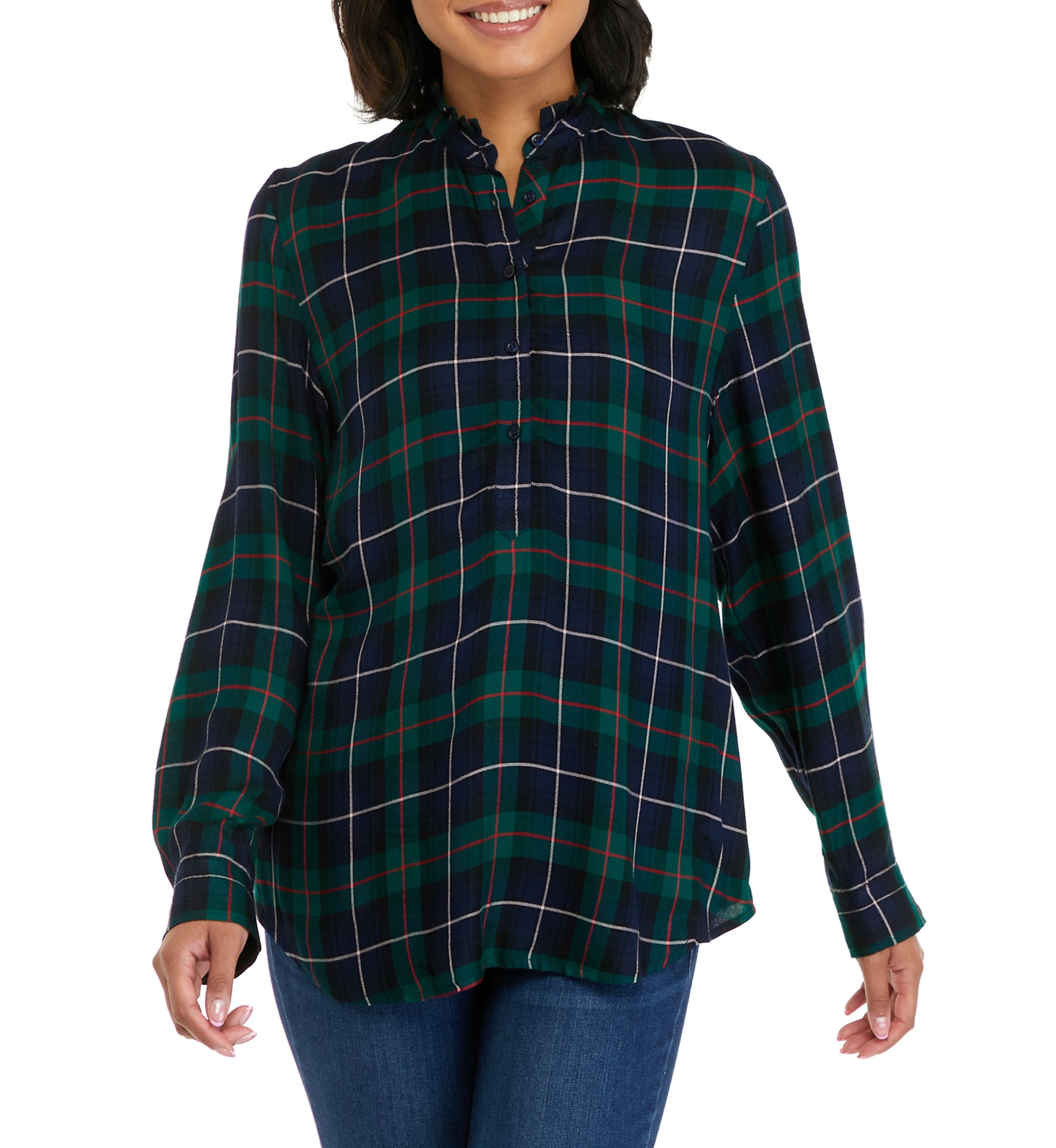 Womens Ruffle Plaid Top