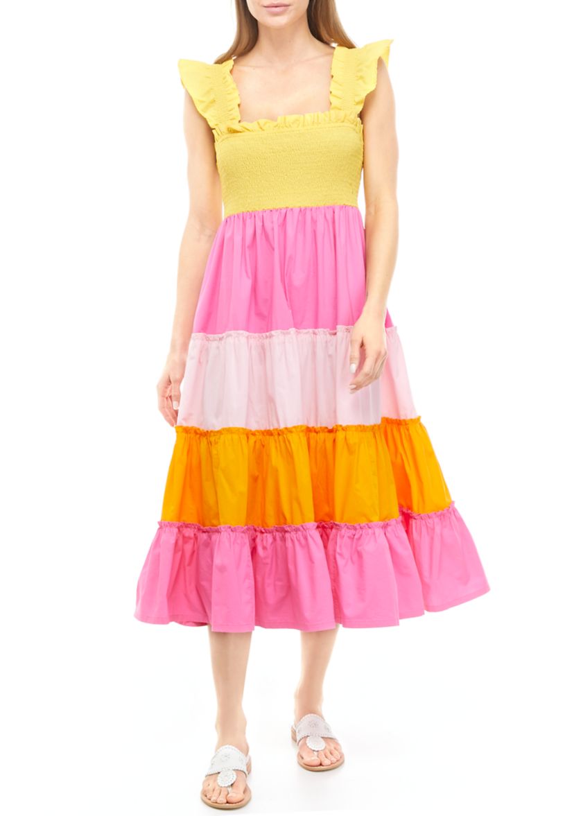 Womens Flutter Sleeve Color Block Tiered Midi Dress