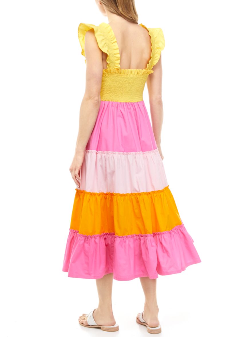 Womens Flutter Sleeve Color Block Tiered Midi Dress