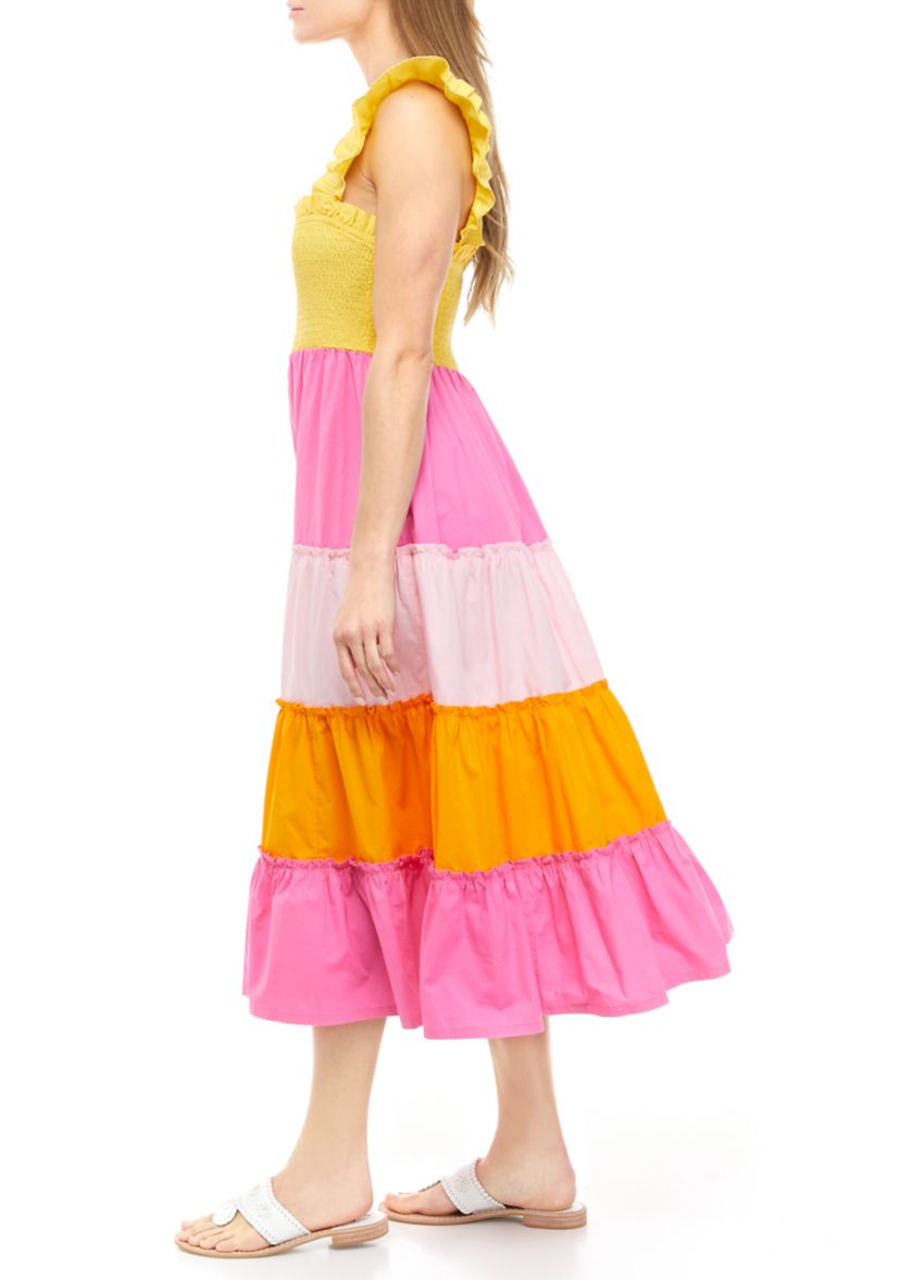 Womens Flutter Sleeve Color Block Tiered Midi Dress