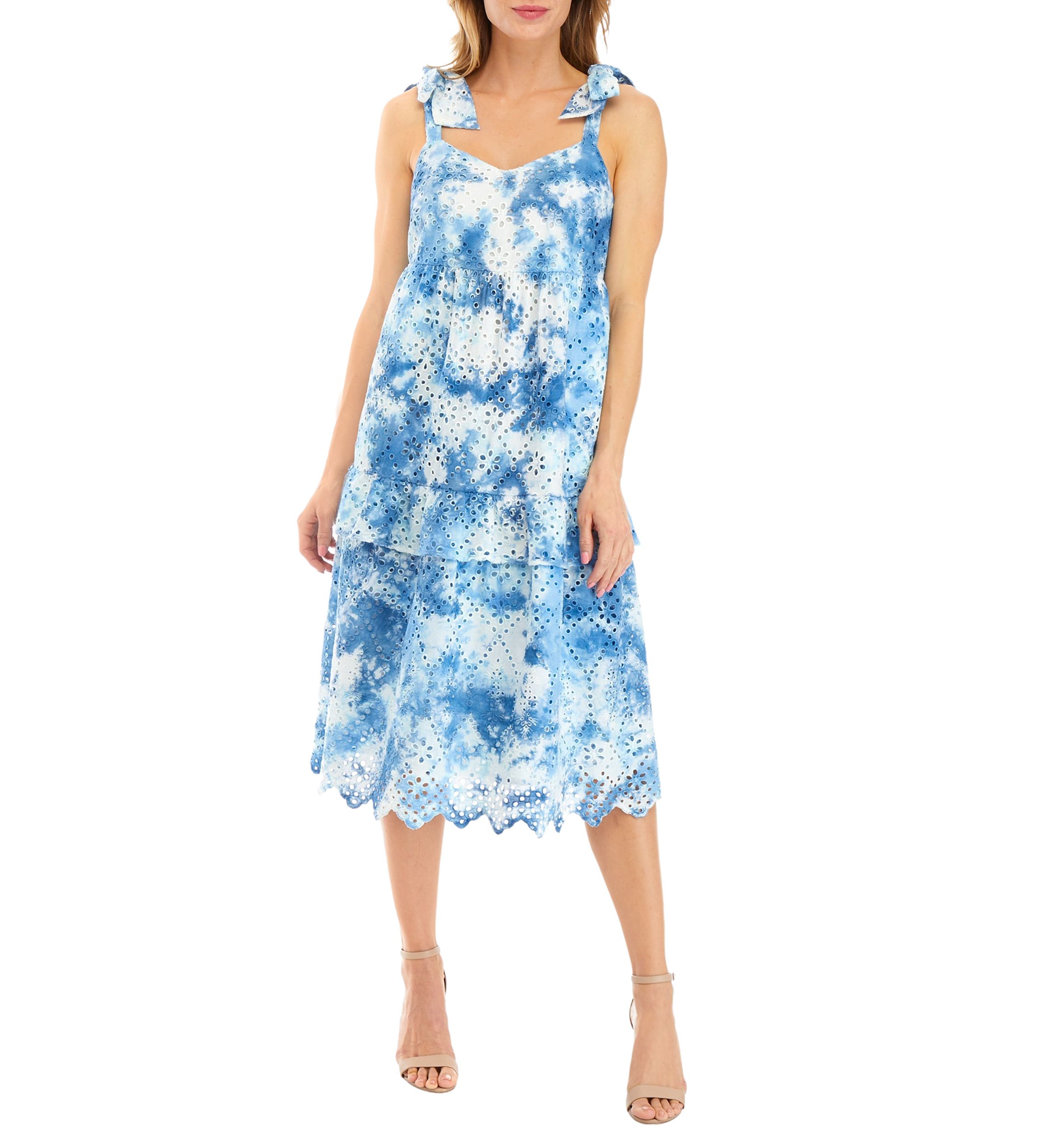 Womens Bow Strap Tie Dye Eyelet Midi Dress